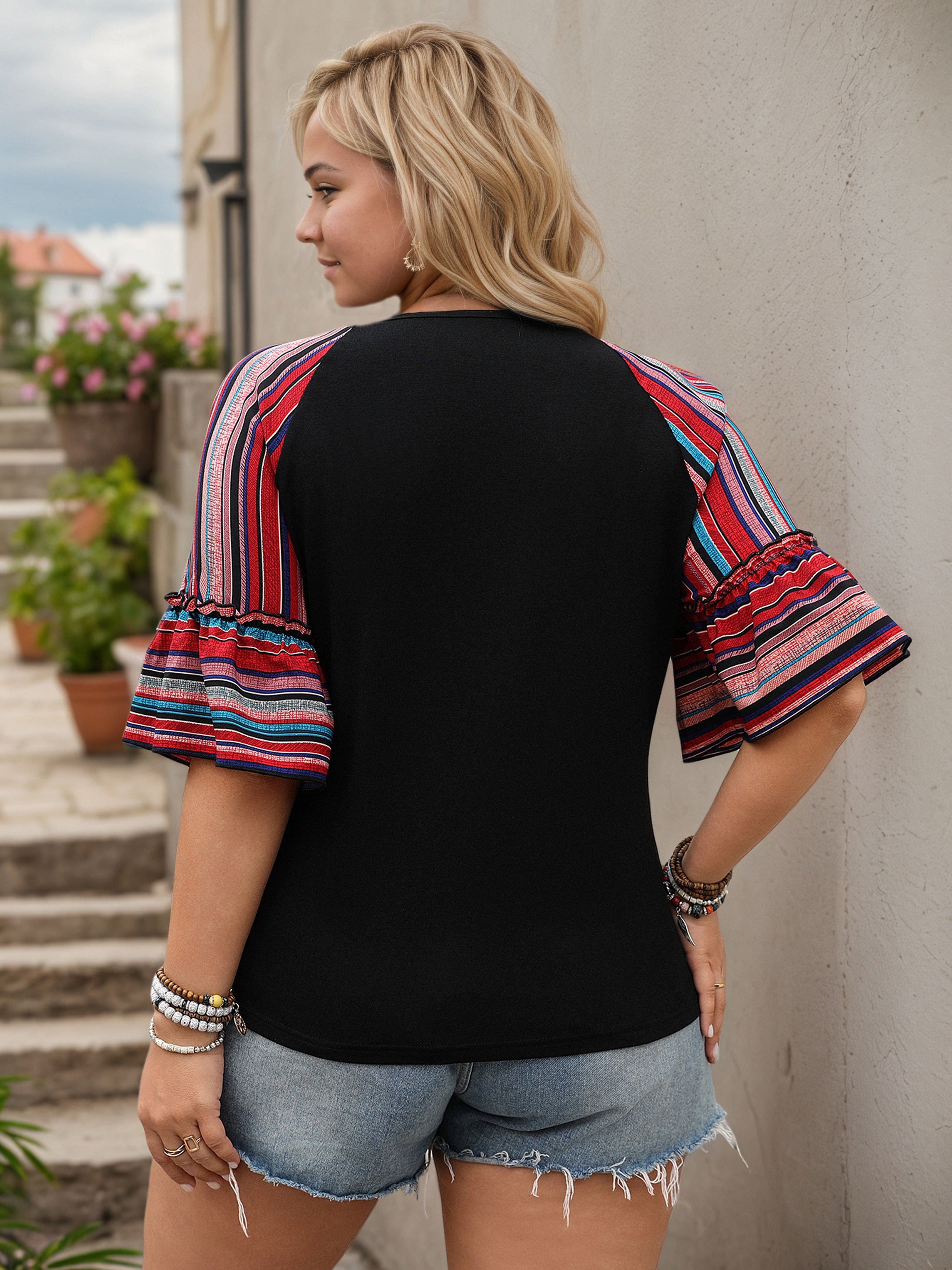 Plus Contrast Black V-Neck Ruffle Sleeves Blouse