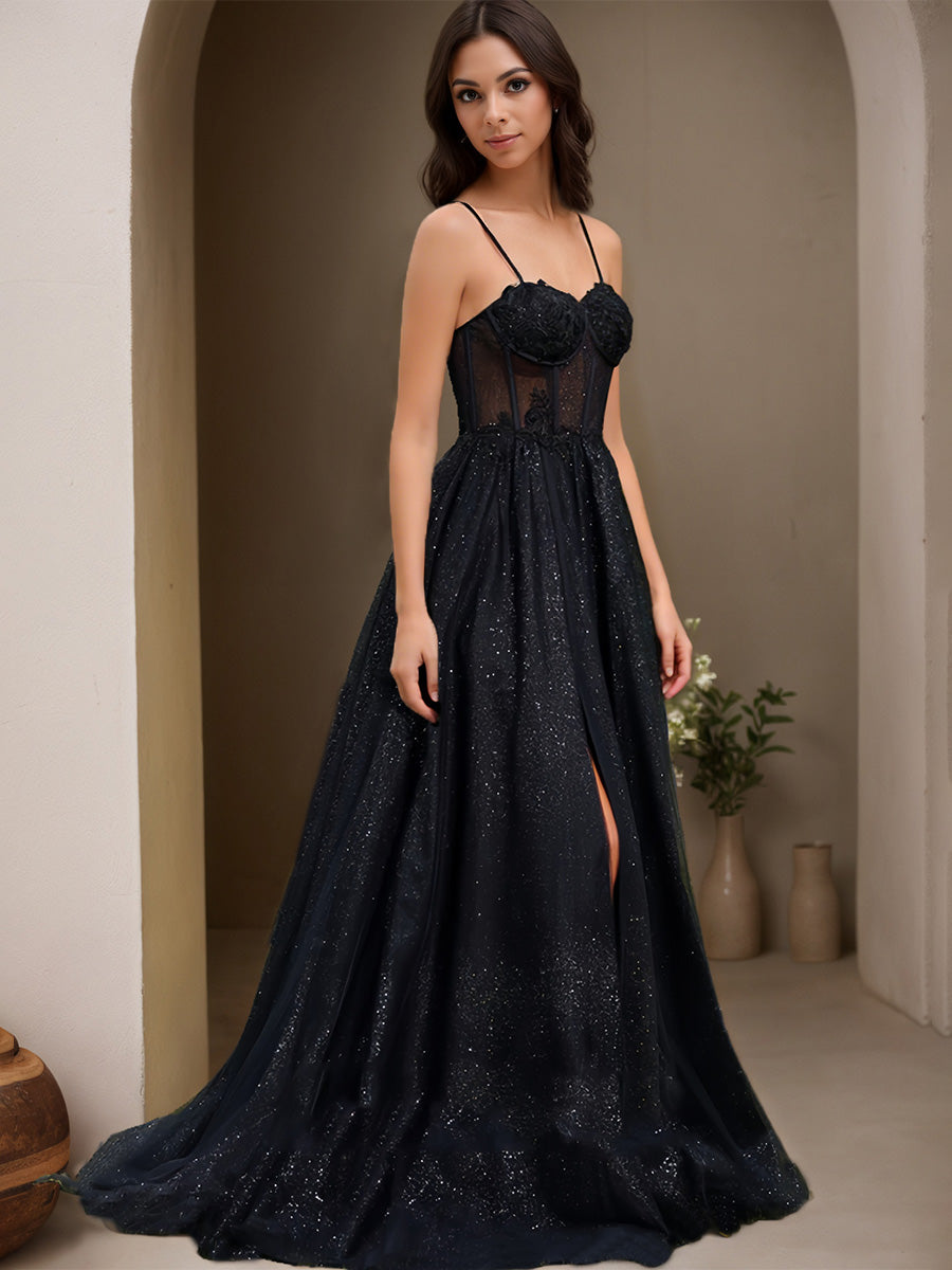Cicinia Black Prom Dresses Glitter Tulle A-Line Spaghetti Straps Sweep Train Slit Evening Gown