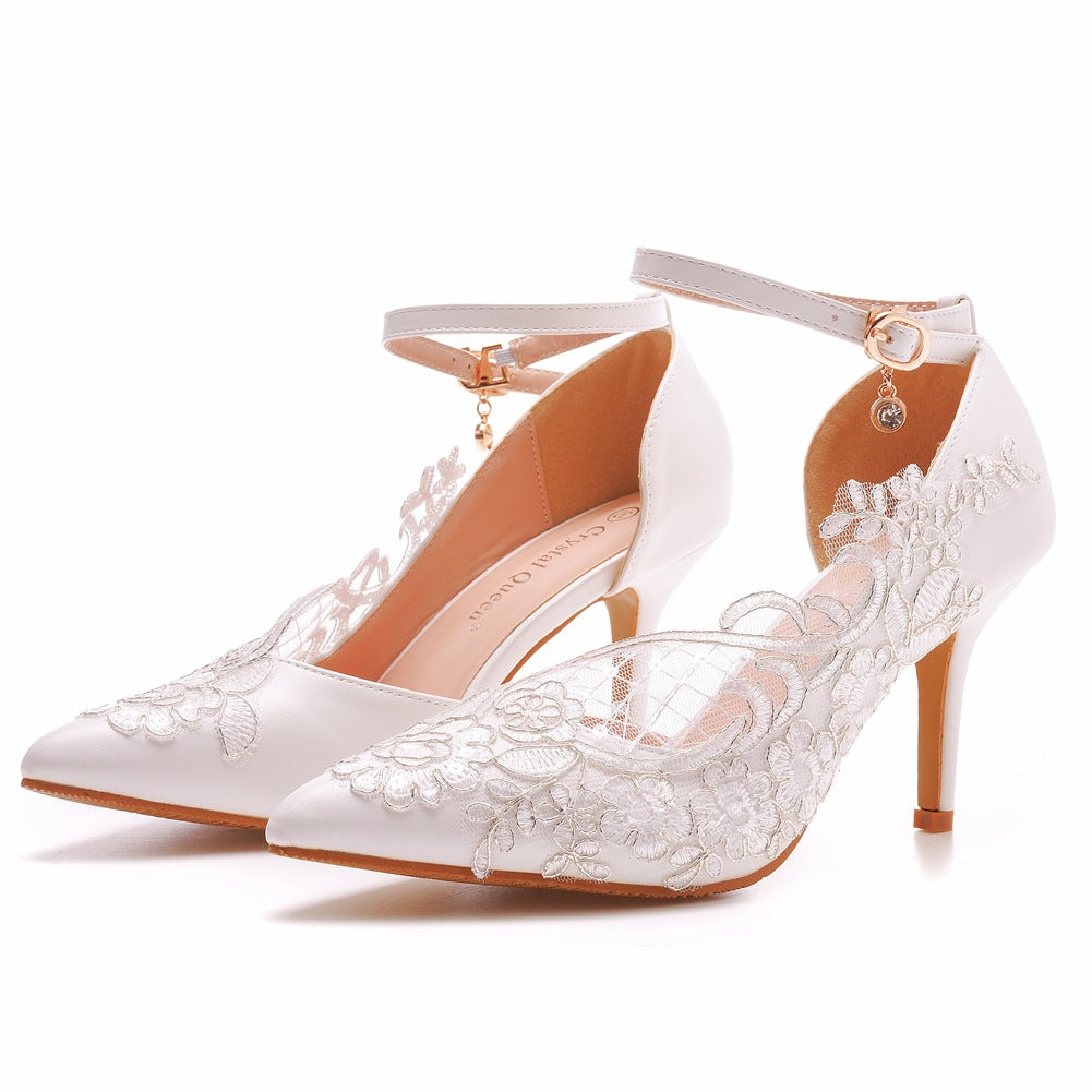 White Pointed Toe Lace Ankle Strap High Heels