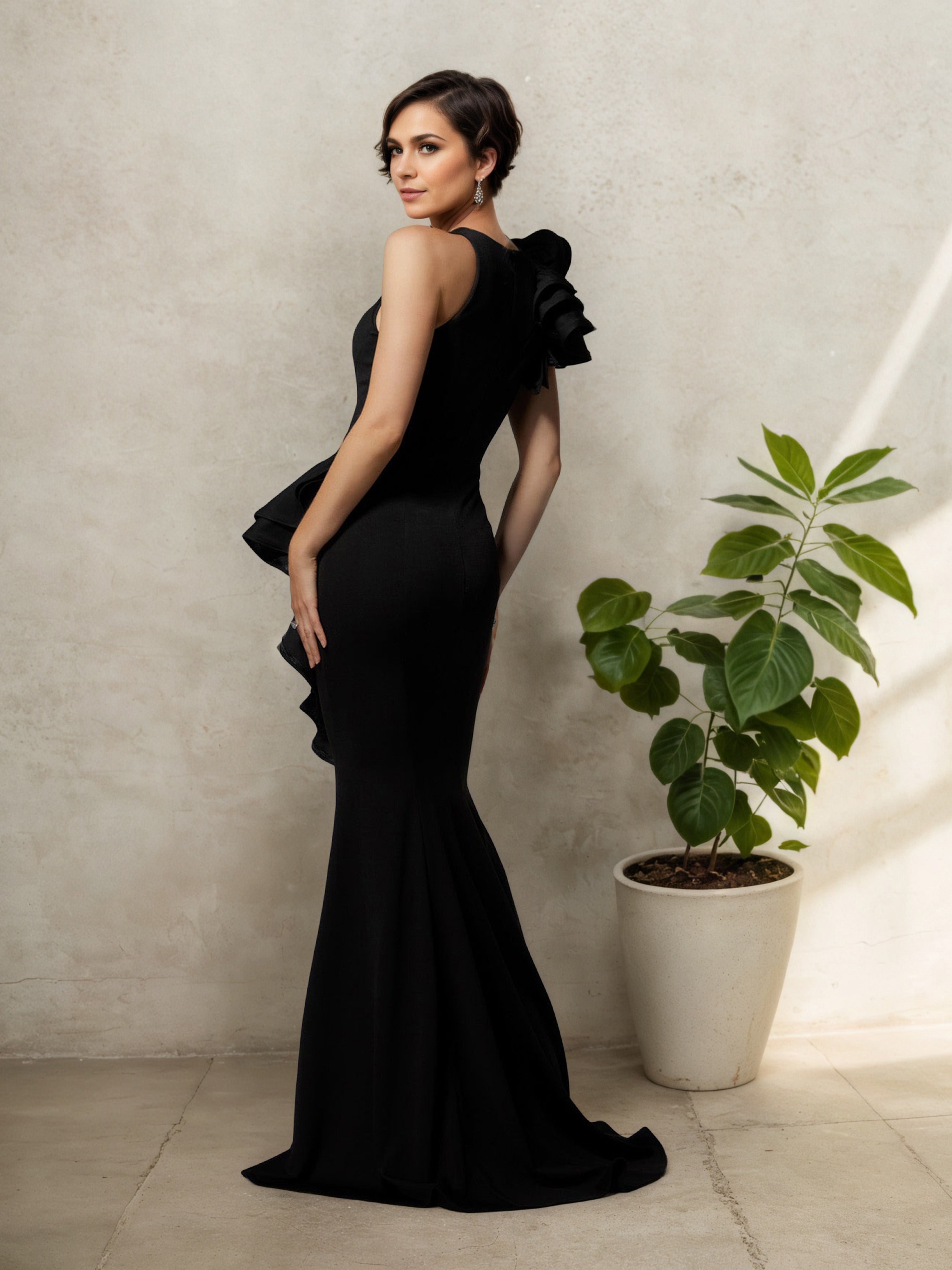 Jewel Sleeveless Black Trumpet/Mermaid Mother Of The Bride Dress with Ruffle Side
