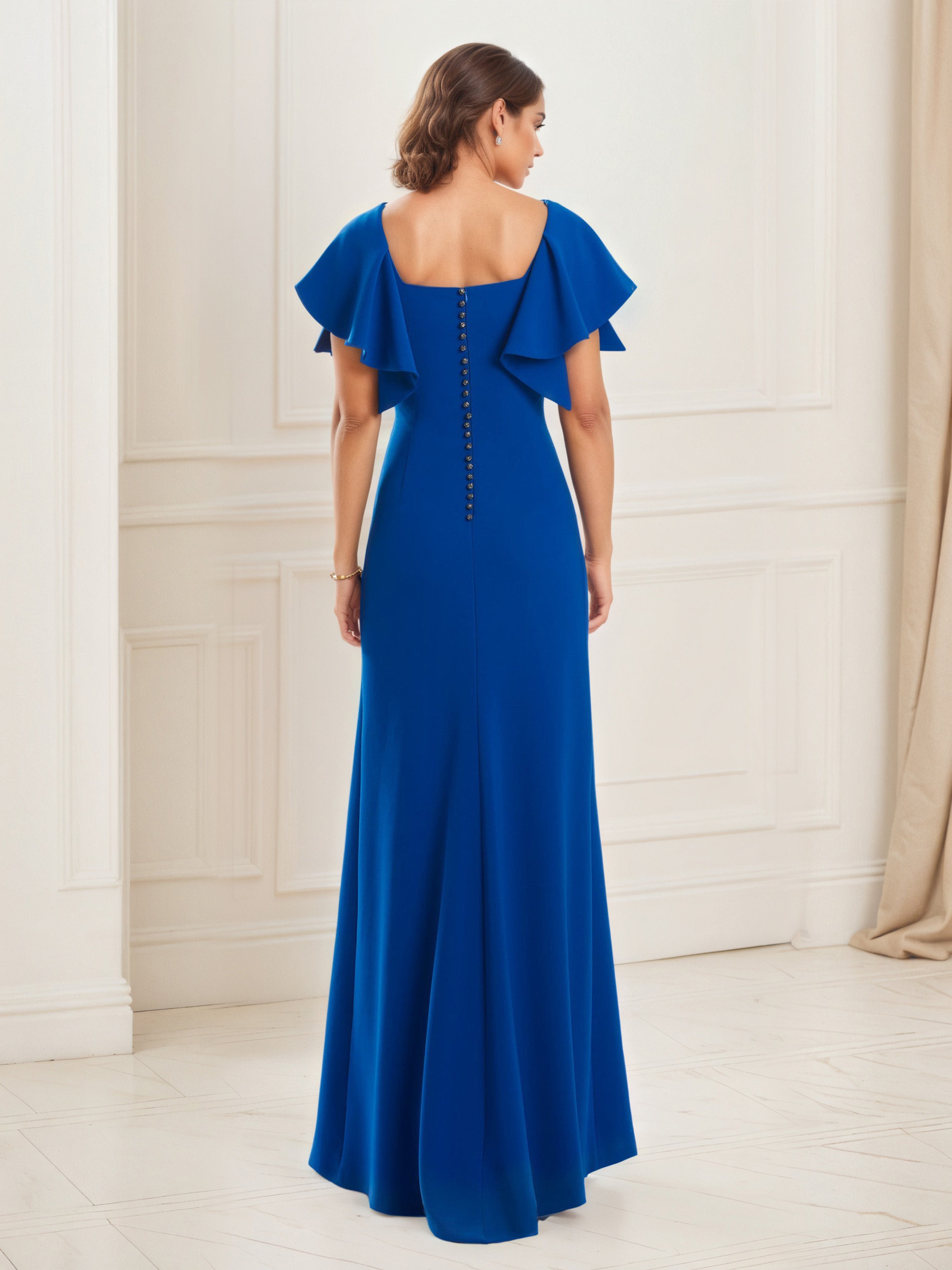 Ruffle Sleeves Royal Blue Sheath Prom Dress with Square Neckline