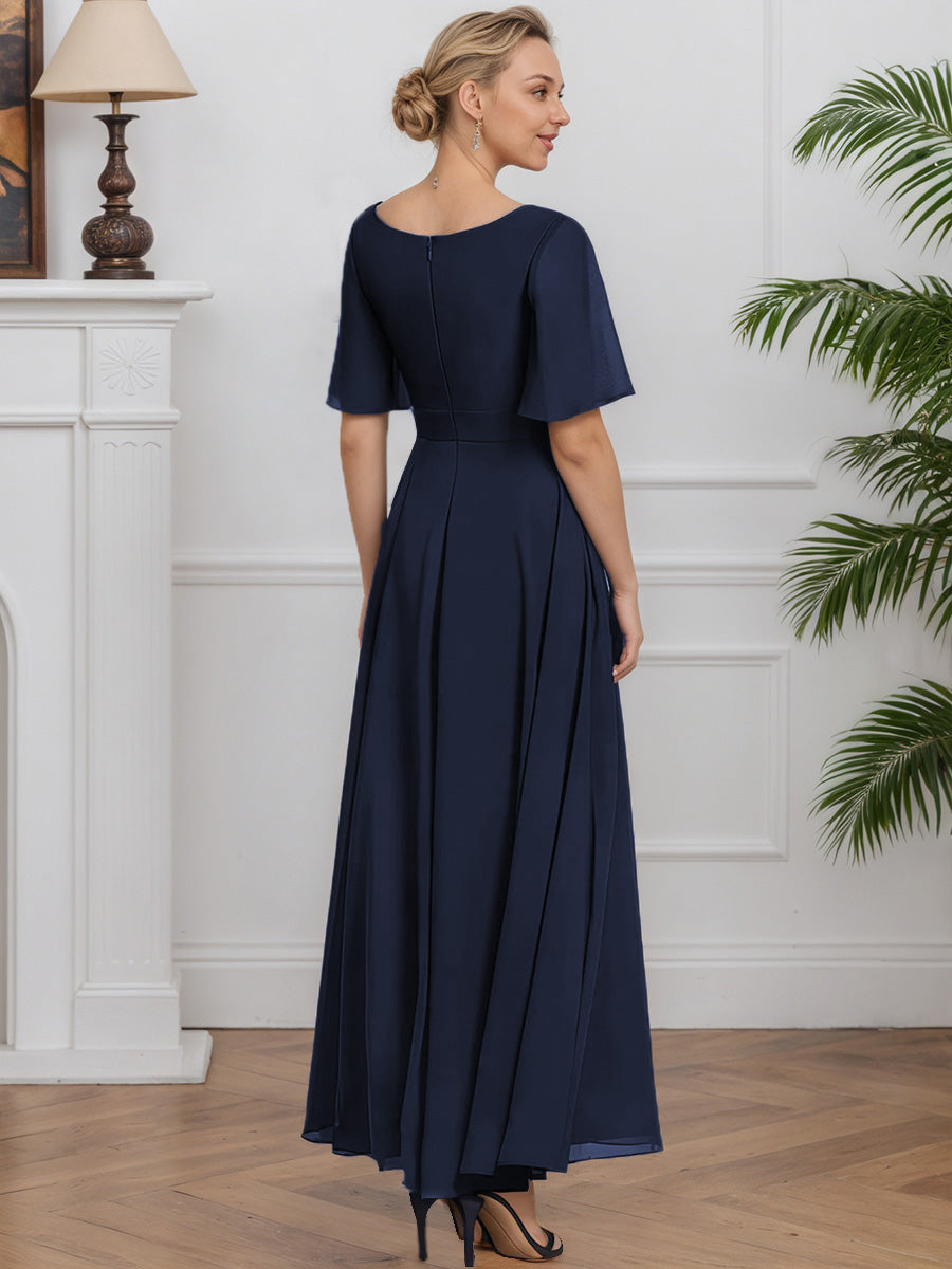 Cicinia Dark Navy Mother Of The Bride Dresses Chiffon Half Sleeves Pleats V-Neck A-Line