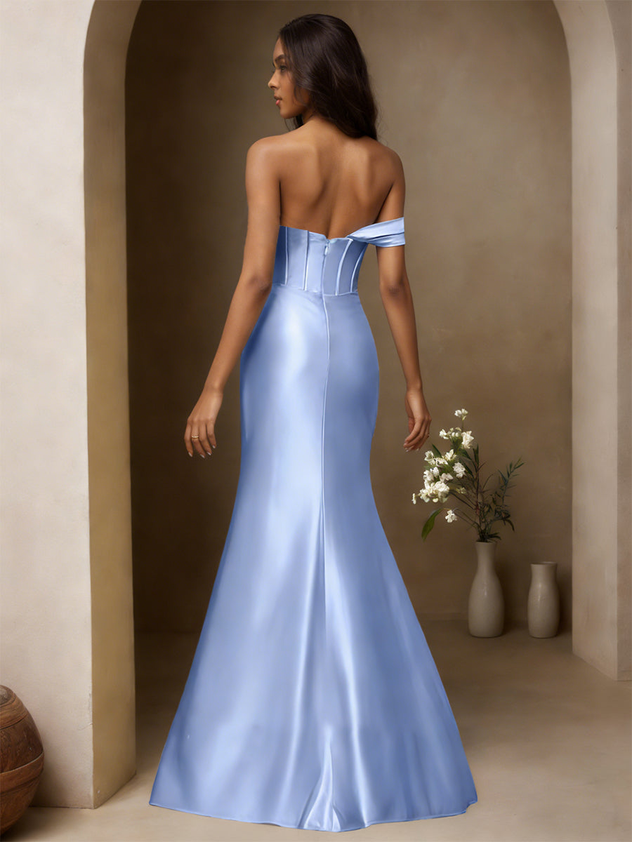 Cicinia Sky Blue Prom Dresses Stretch Fabric Pleats Sheath Slit One Shoulder Evening Gowns