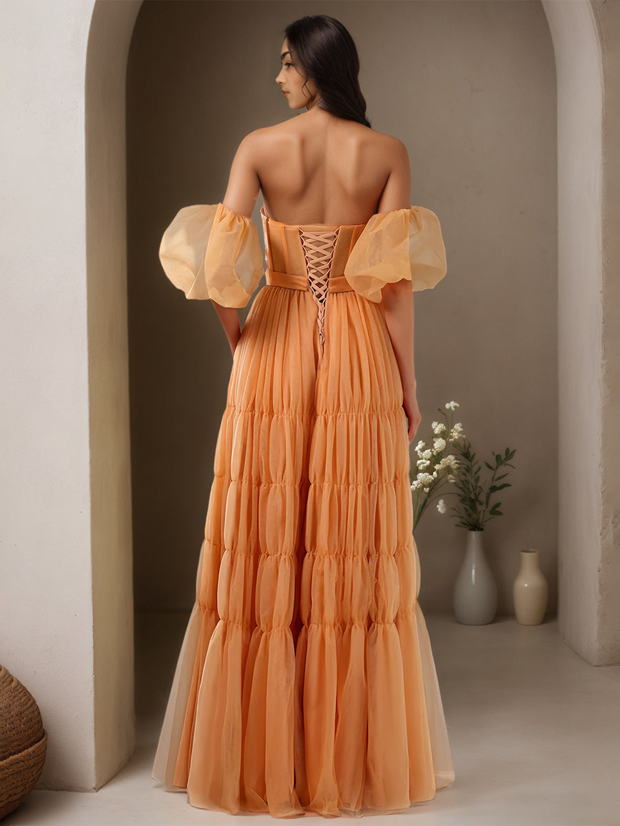 Cicinia Orange Prom Dresses Tulle A-Line Sweetheart Sleeveless Floor Length Evening Gowns