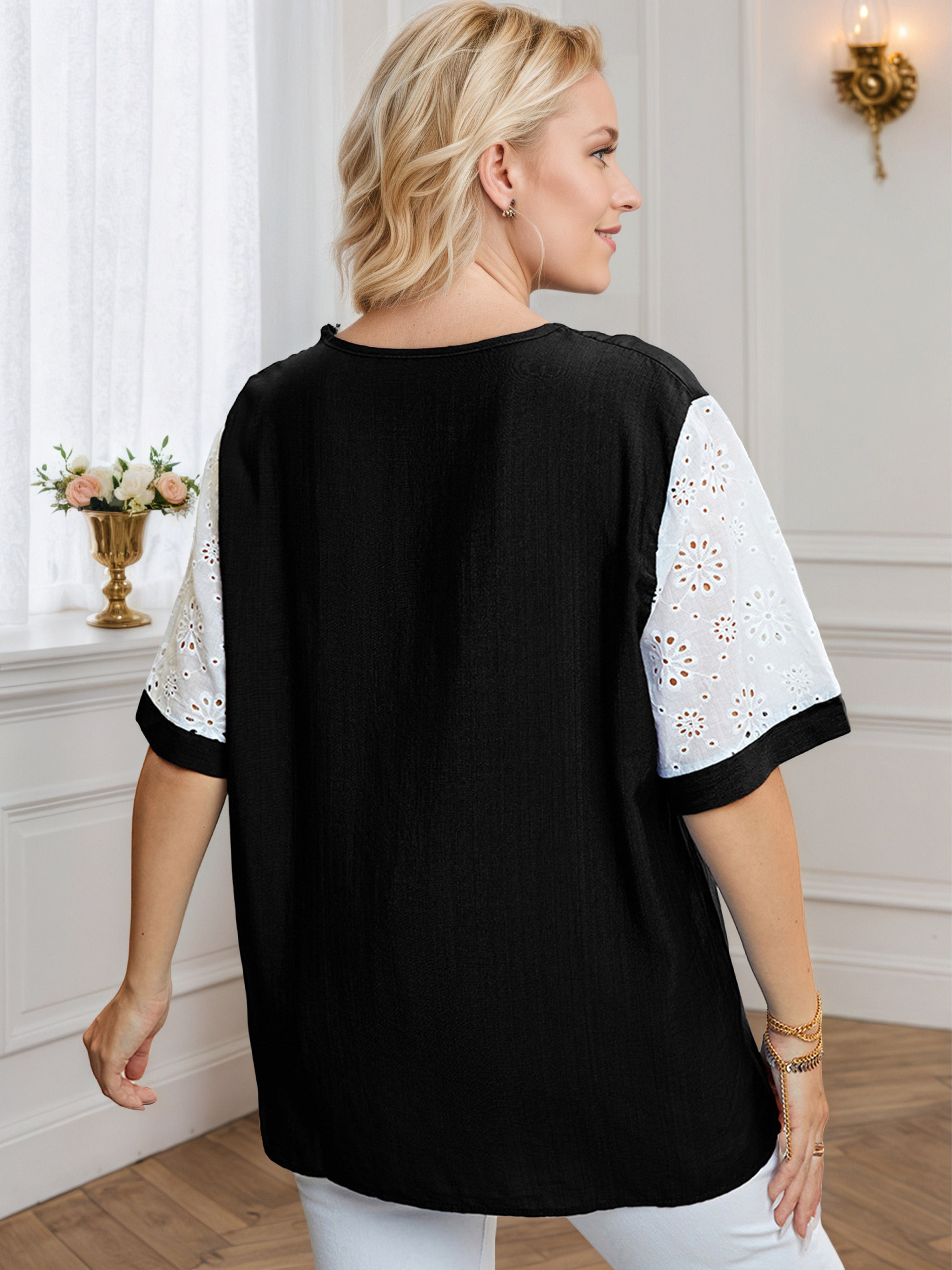 Contrast Mesh Scoop Neck Black Half Sleeves Blouse