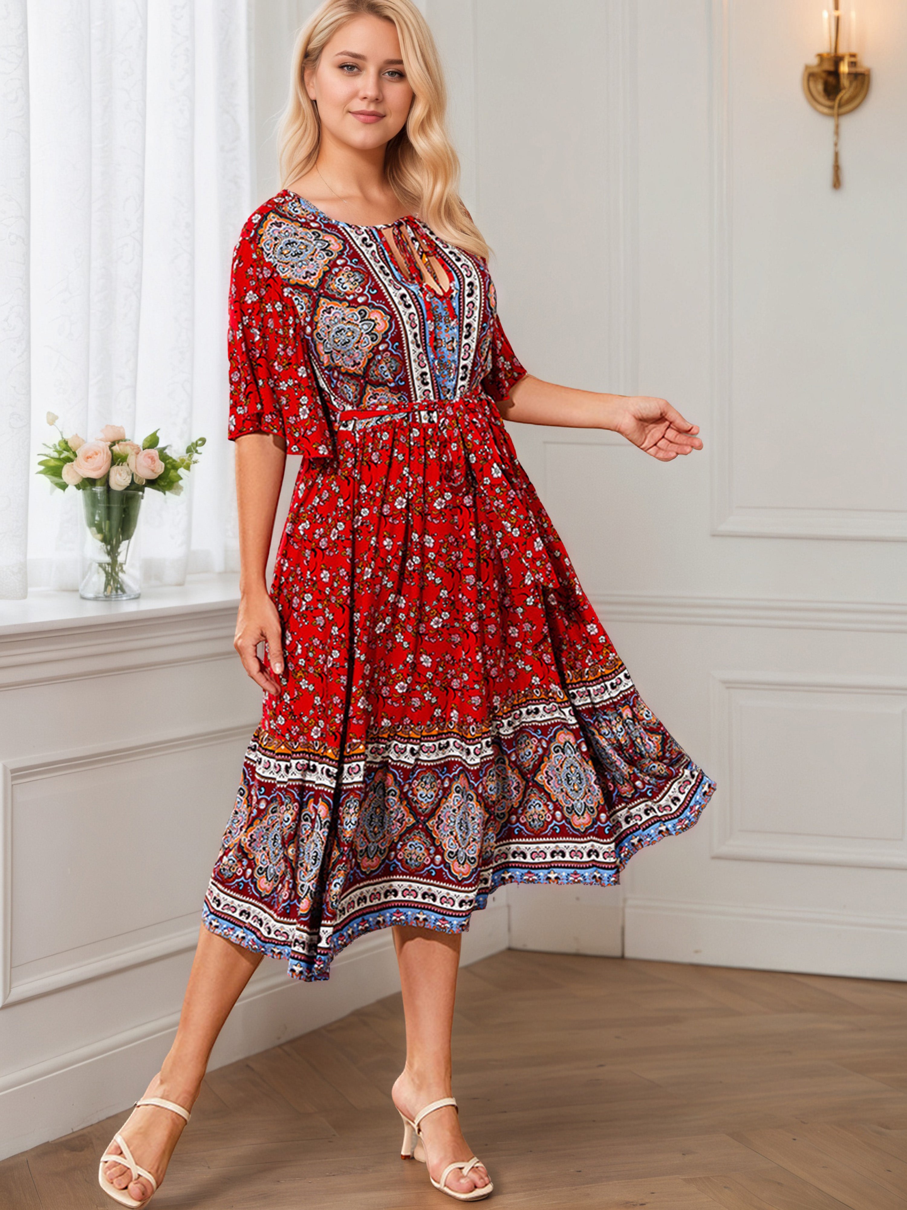 Boho Tea Length Beige Tie Front Red Plus Size Dress