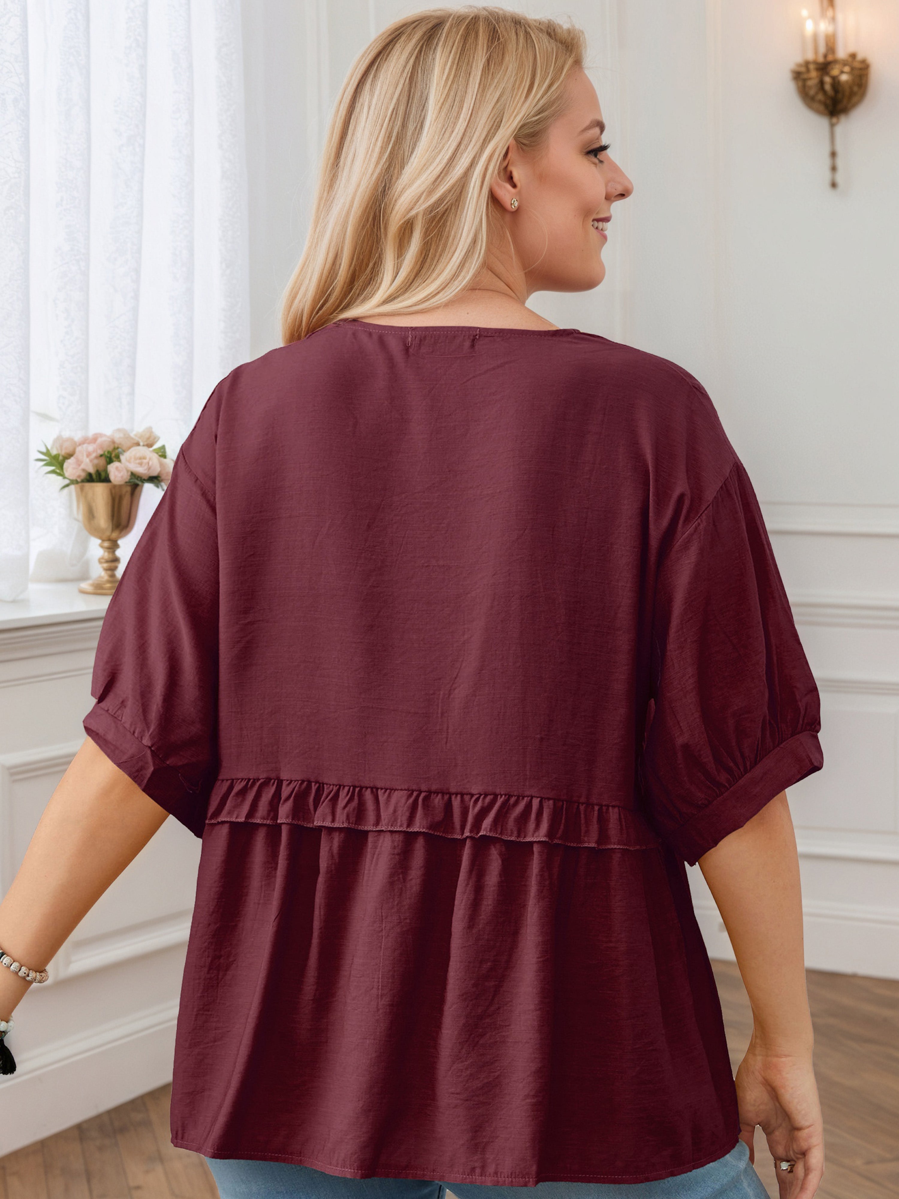 Plus V-Neck Front Bottom Mulberry Blouse