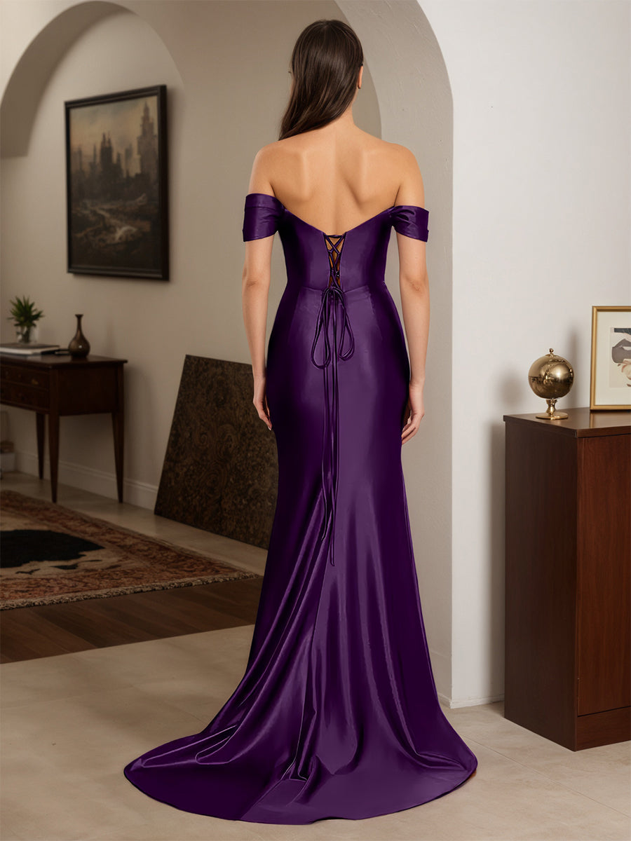 Cicinia Grape Prom Dresses Off The Shoulder Trumpet Beading Strapless Sweep Train Gown