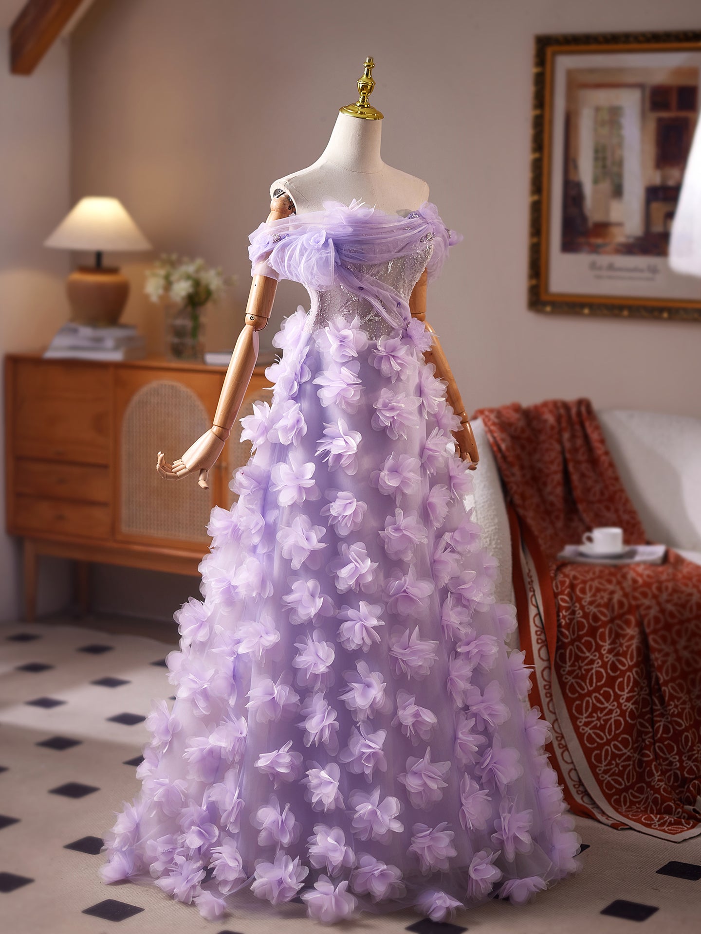 Gorgeous Lilac Tulle Flower Appliques A Line Homecoming Dress with Sequins