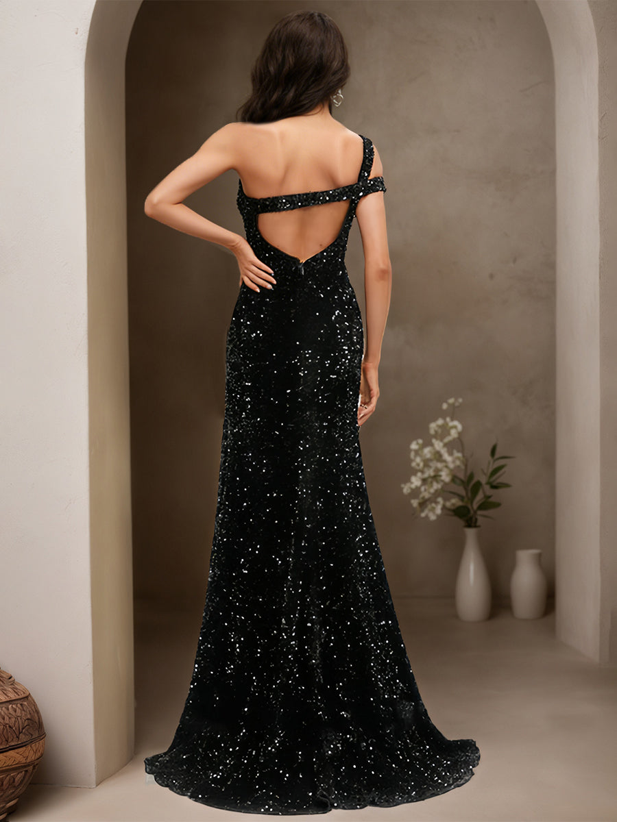 Cicinia Black Prom Dresses Sequins Sheath One Shoulder with Slit Sweep Train Evening Gowns