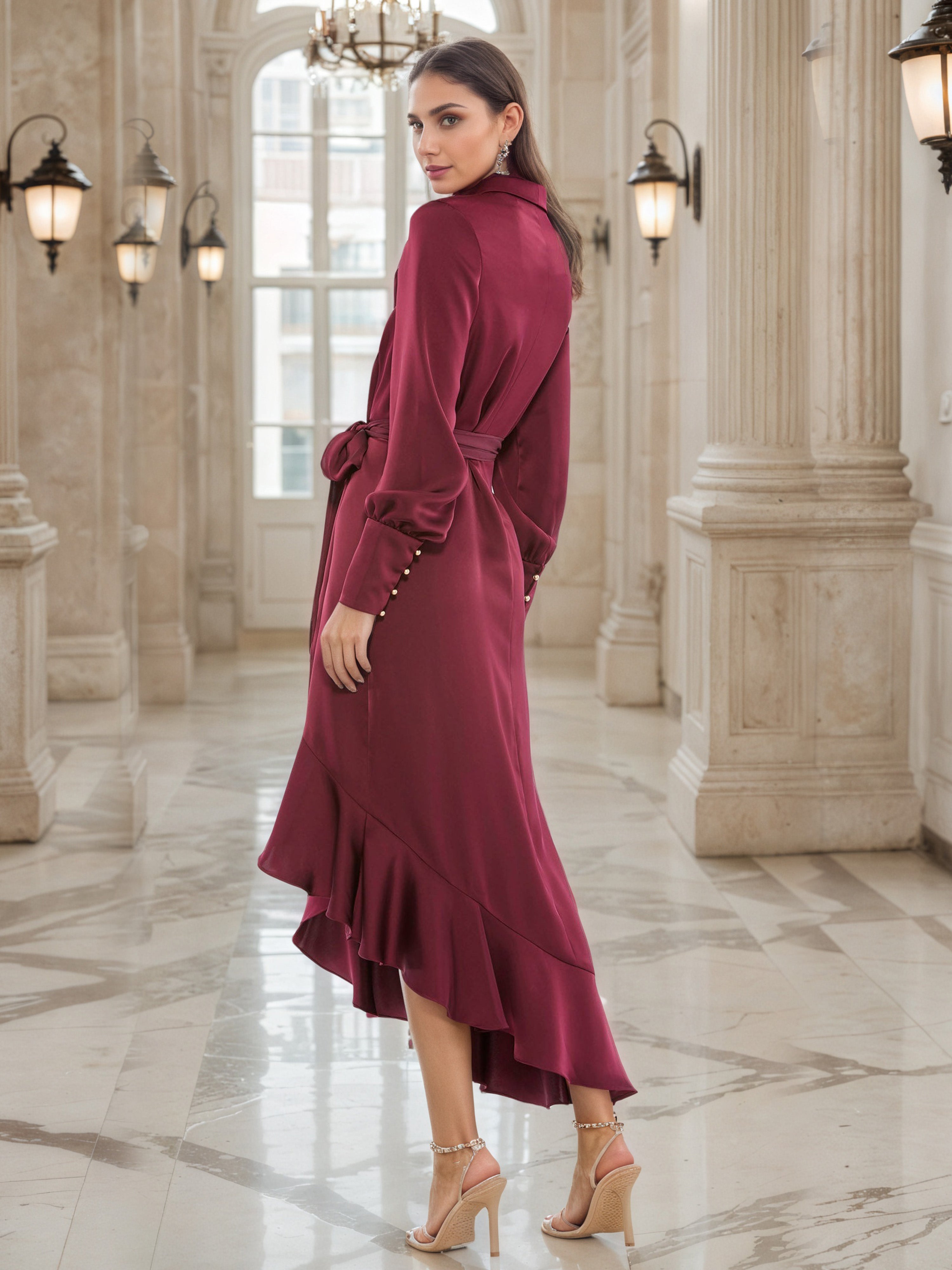 Burgundy V-Neck Long Sleeves Tie Waist Ruffle Asymmetrical Midi Prom Dress