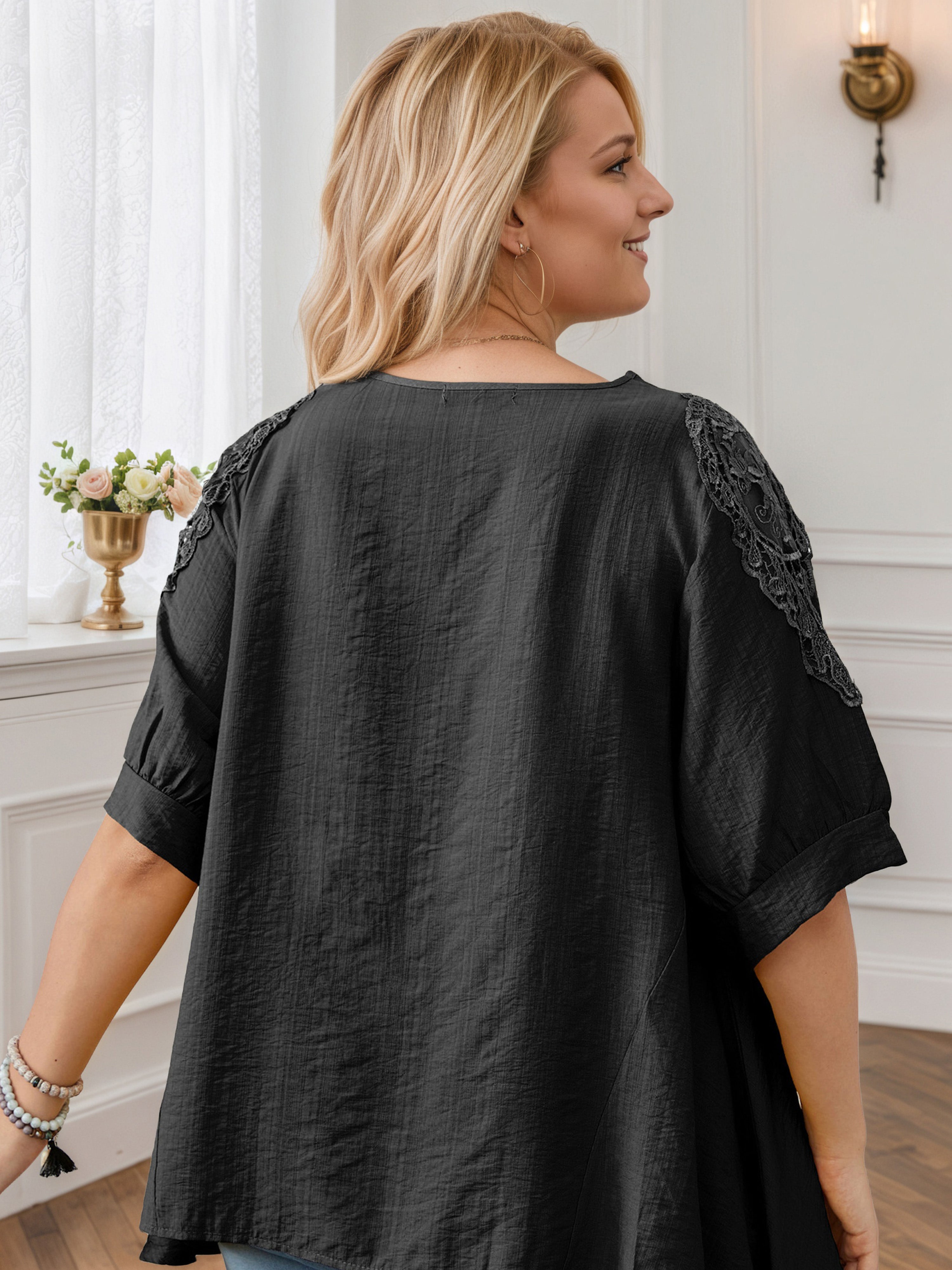 Plus Size Solid Color Round Neck Loose Black Blouse