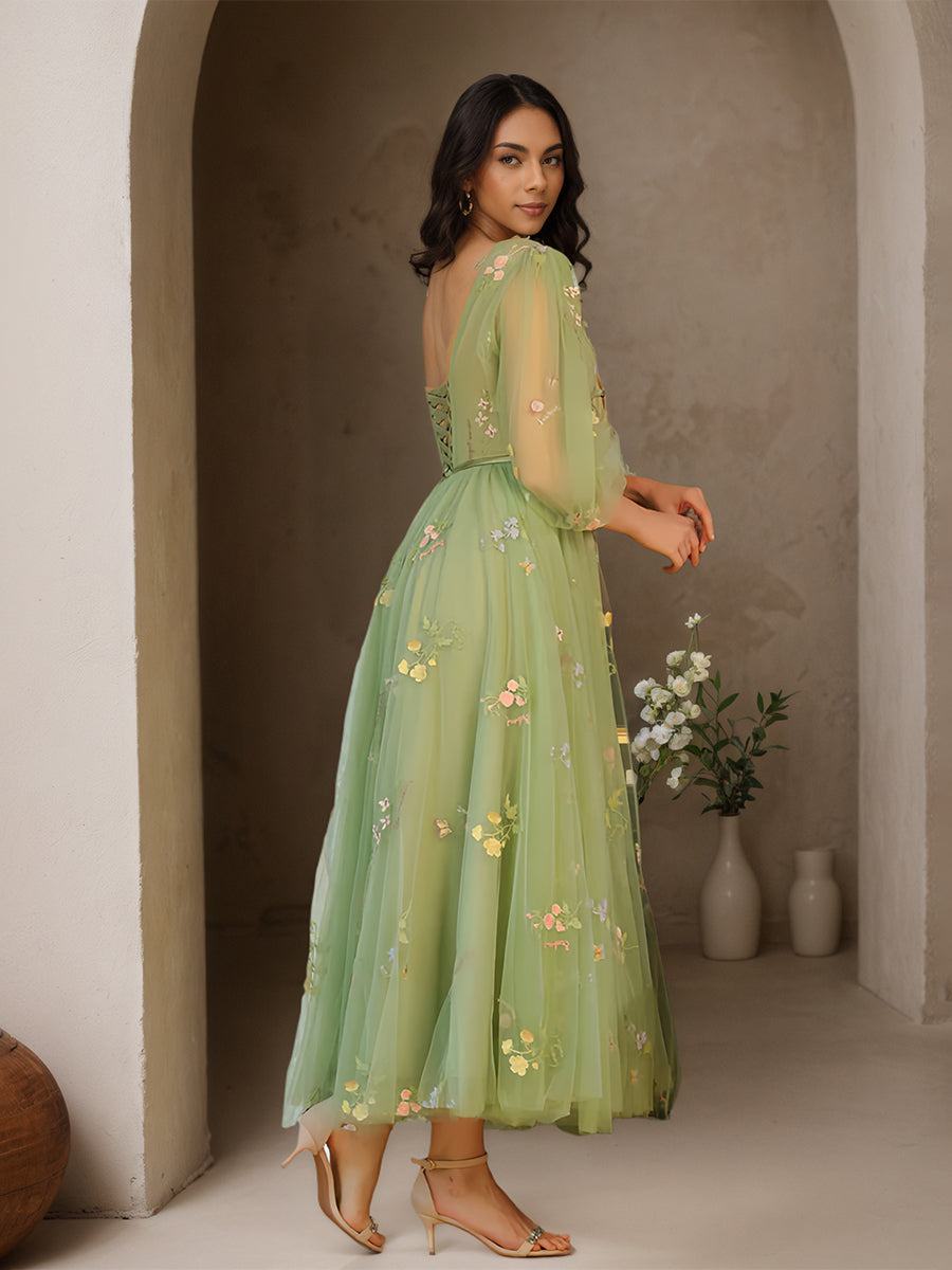 Cicinia Dusty Blue Prom Dresses Lace Tulle A-Line Puff Sleeves V-neck Ankle Length Prom Dress