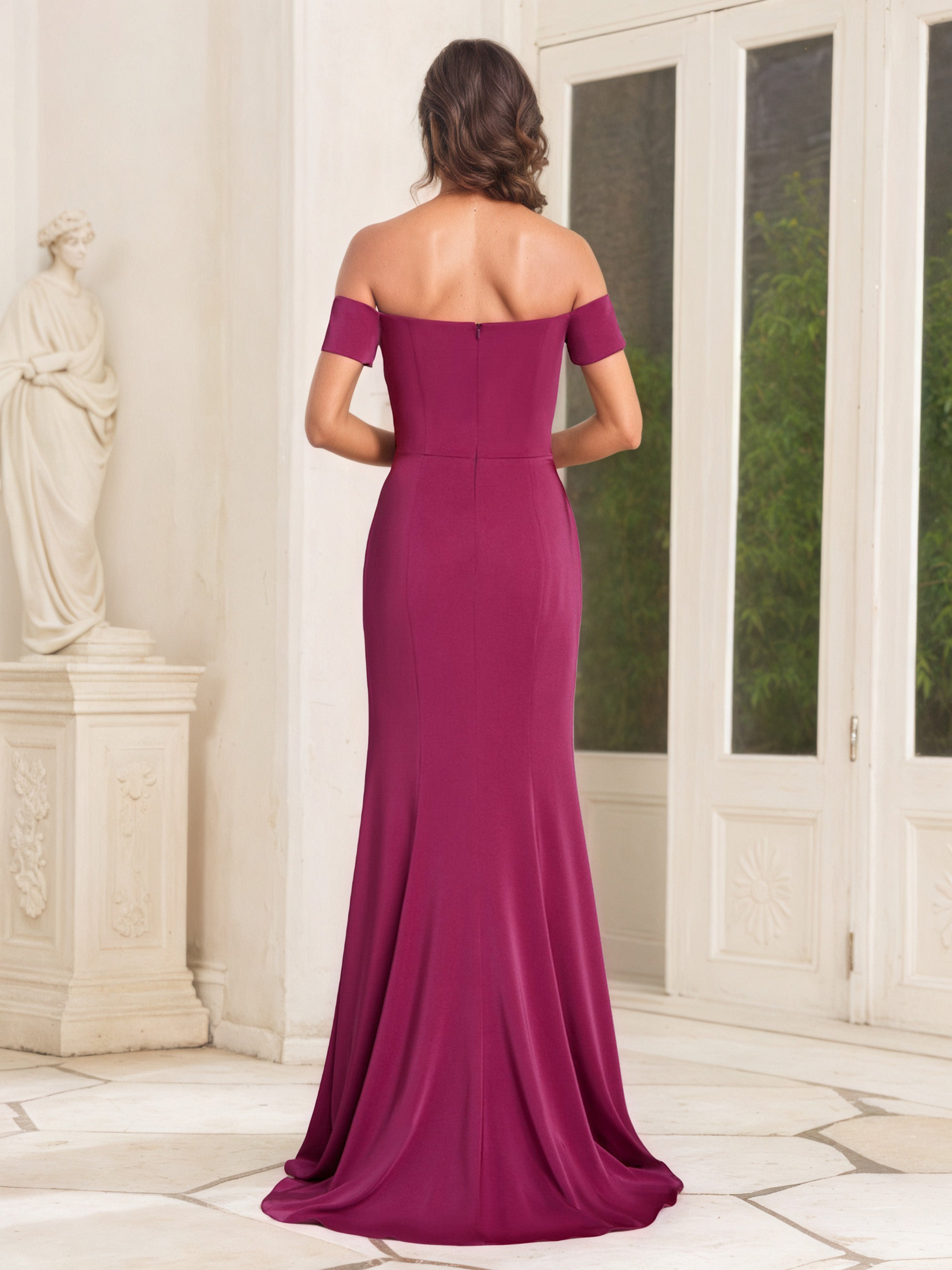Off The Shoulder Notched Sheath/Column Cinnamon Rose V-Neck Mother Of The Bride Dress with Split