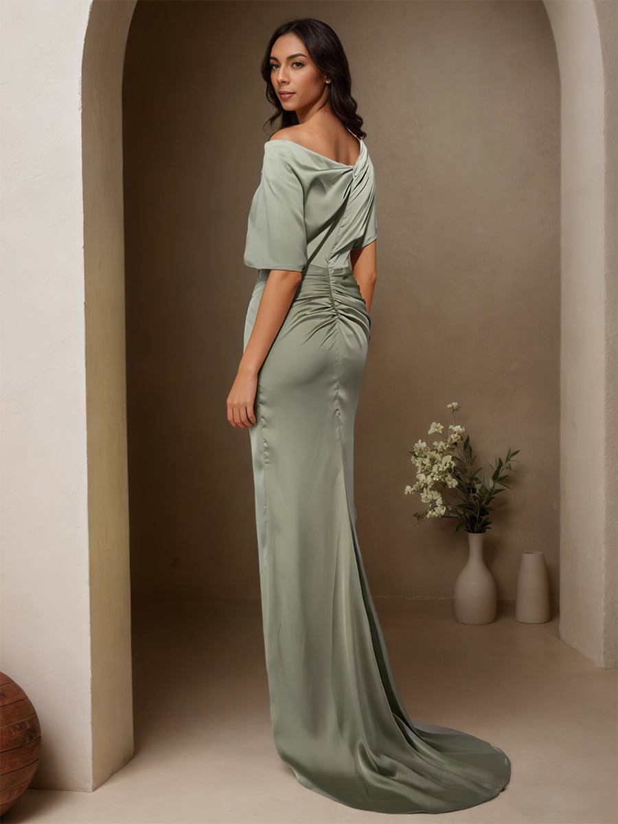 Cicinia Silver Prom Dresses Soft Satin Sheath One Shoulder Sweep Train Evening Gown