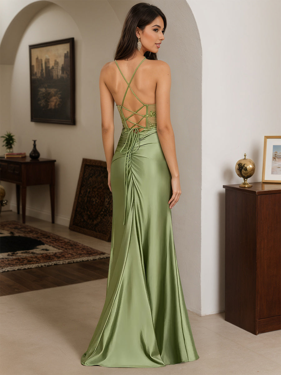 Cicinia Olive Green Prom Dresses Appliques Lace Sheath Spaghetti Straps with Sweep Train