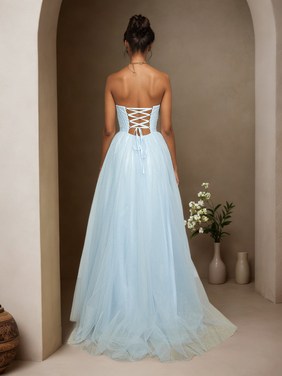Cicinia Sky Blue Prom Dresses Glitter Tulle A-Line Strapless Sweep Train Evening Gowns