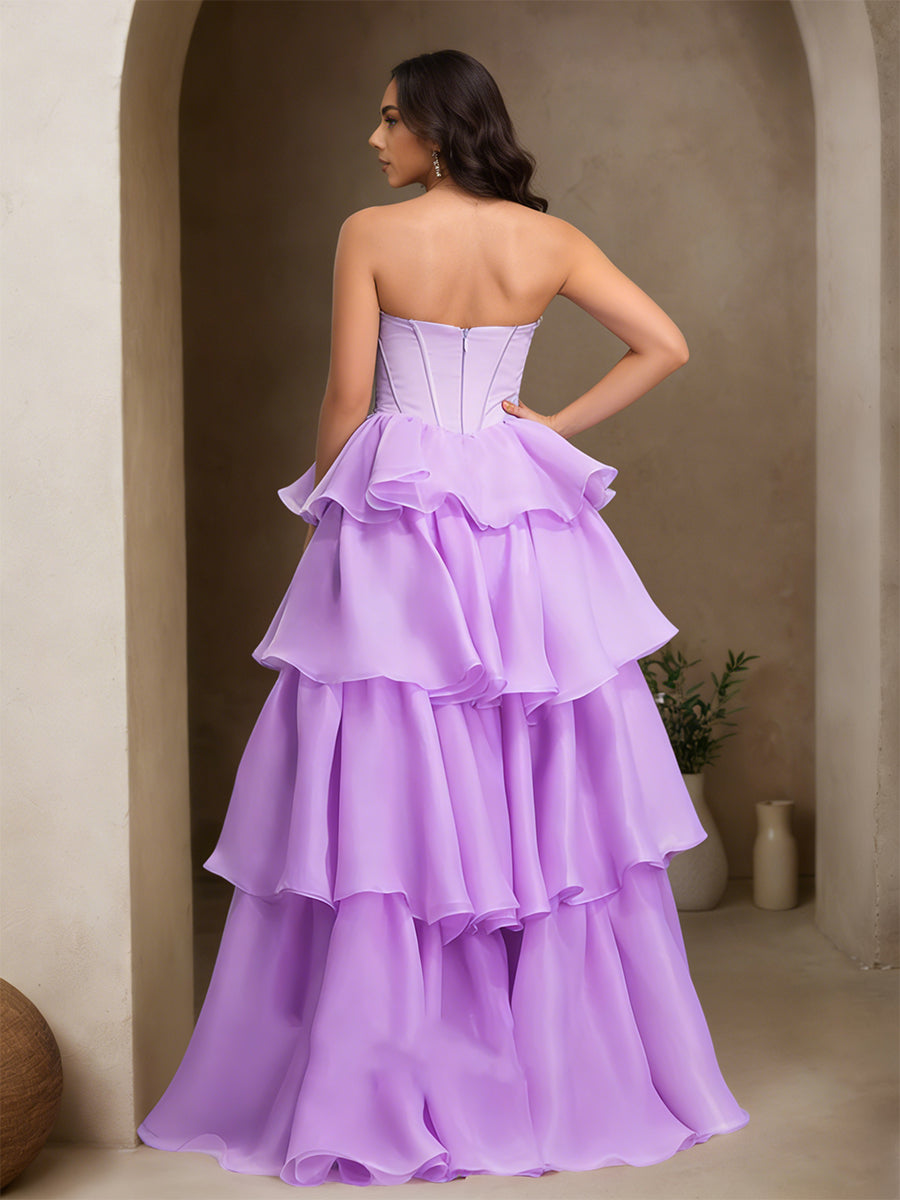 Cicinia Lilac Prom Dresses Organza A-Line Layers Strapless Beaded Princess Gown