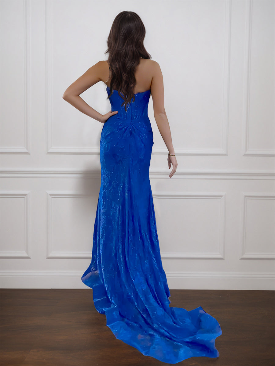 Cicinia Royal Blue Prom Dress Glitter Strapless Sweep Train Long Lace Mermaid Evening Dress