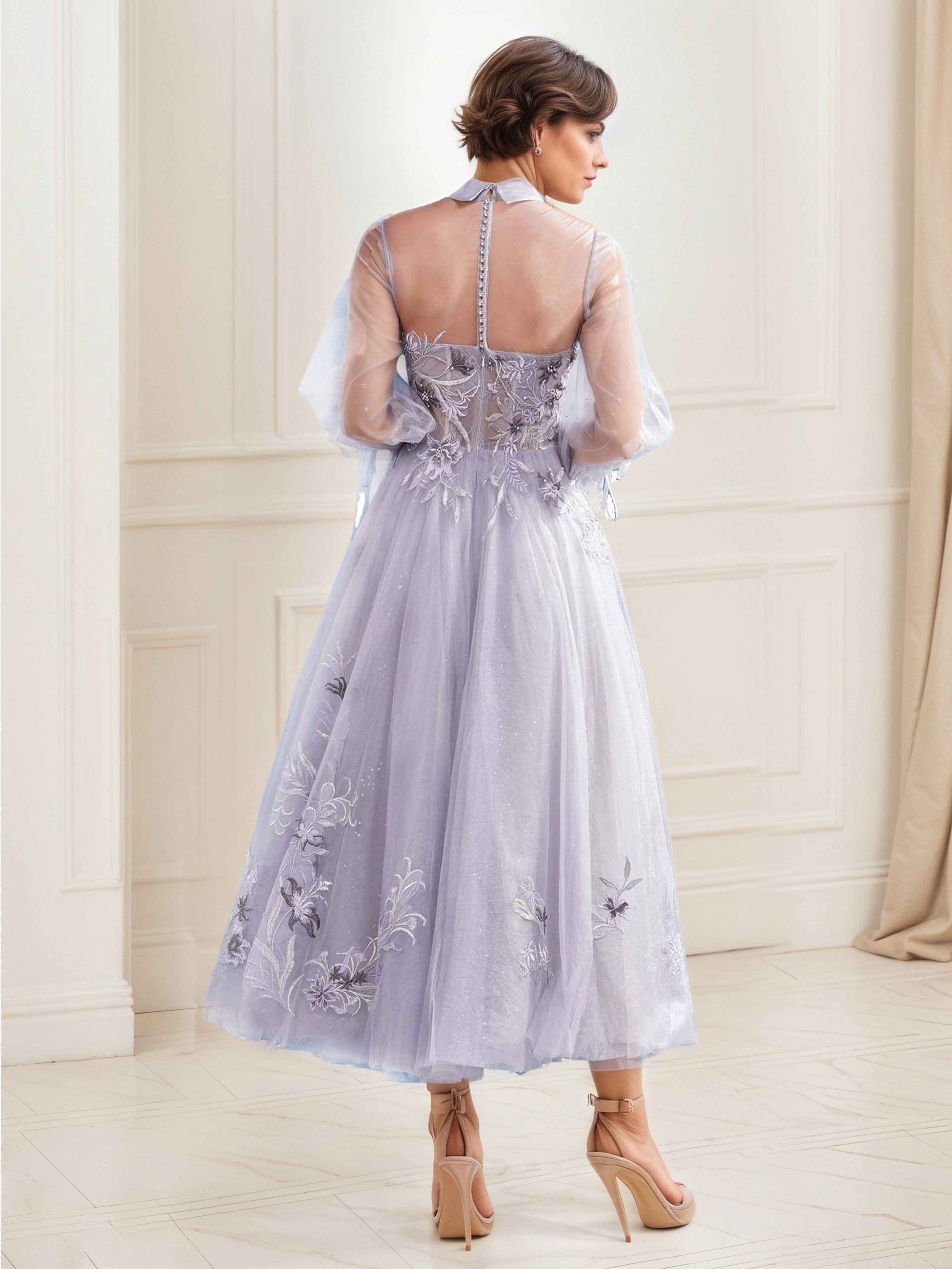 Dusk Classic Shirt Collar Embroidered Lace Long Sleeve A-Line Prom Dress