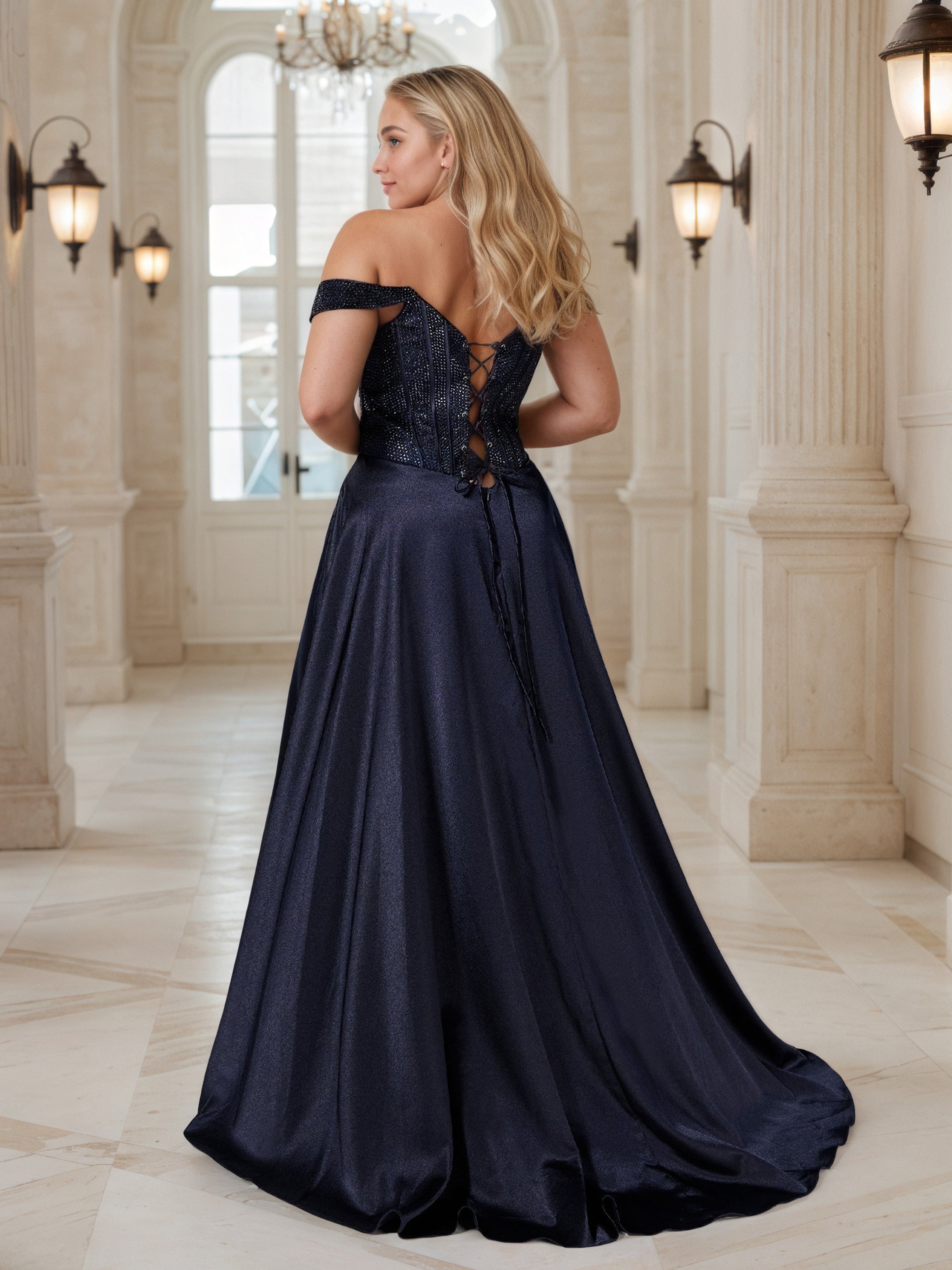Off The Shoulder Strapless Beading Prom Dress Dark Navy A-Line Sweep/Brush Train Plus Size Dress