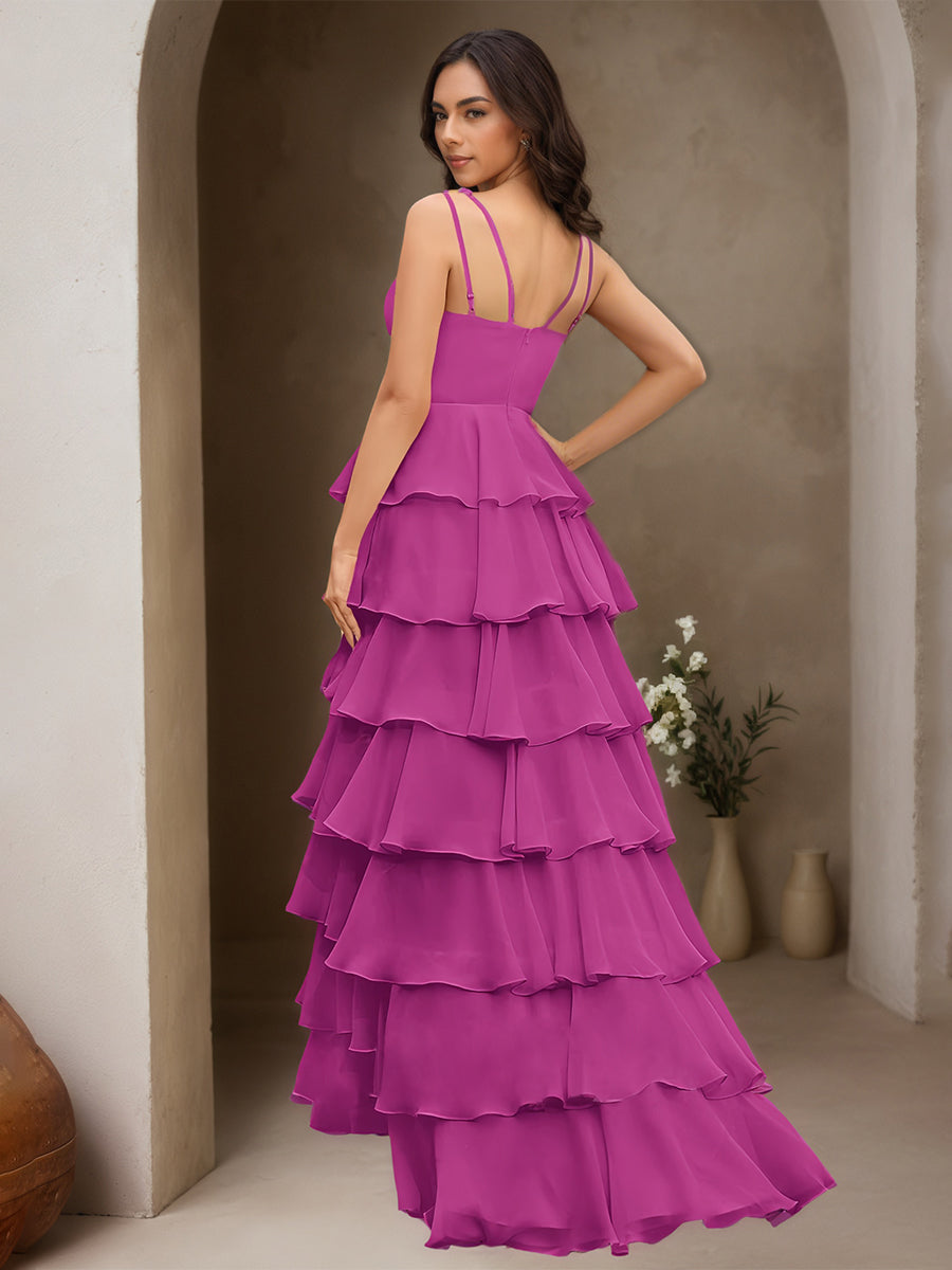 Cicinia Orchid Prom Dresses Chiffon Spaghetti Straps Layers Slit Floor Length A-Line