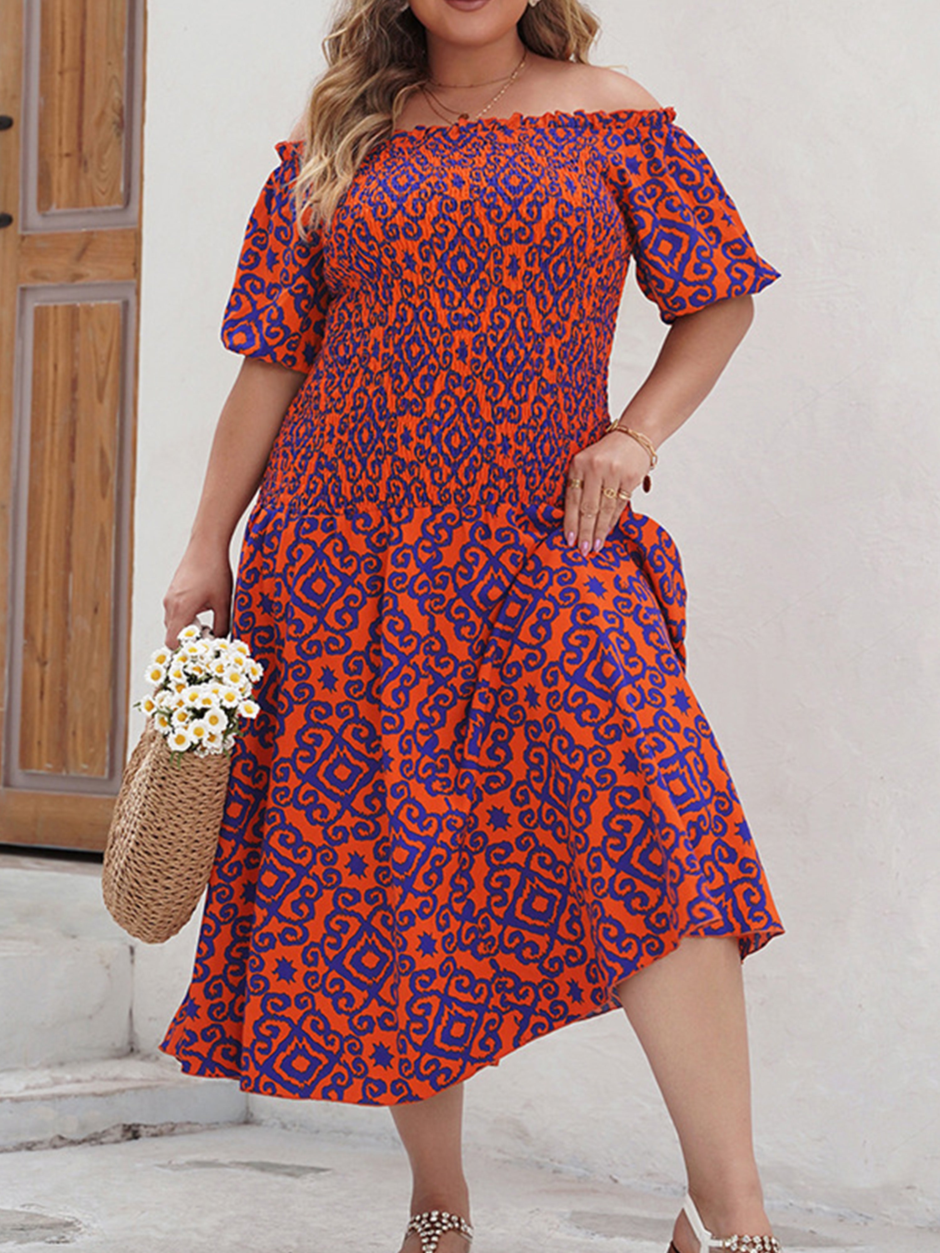 Off The Shoulder Graphic Printed Tea Length Plus Size Dress