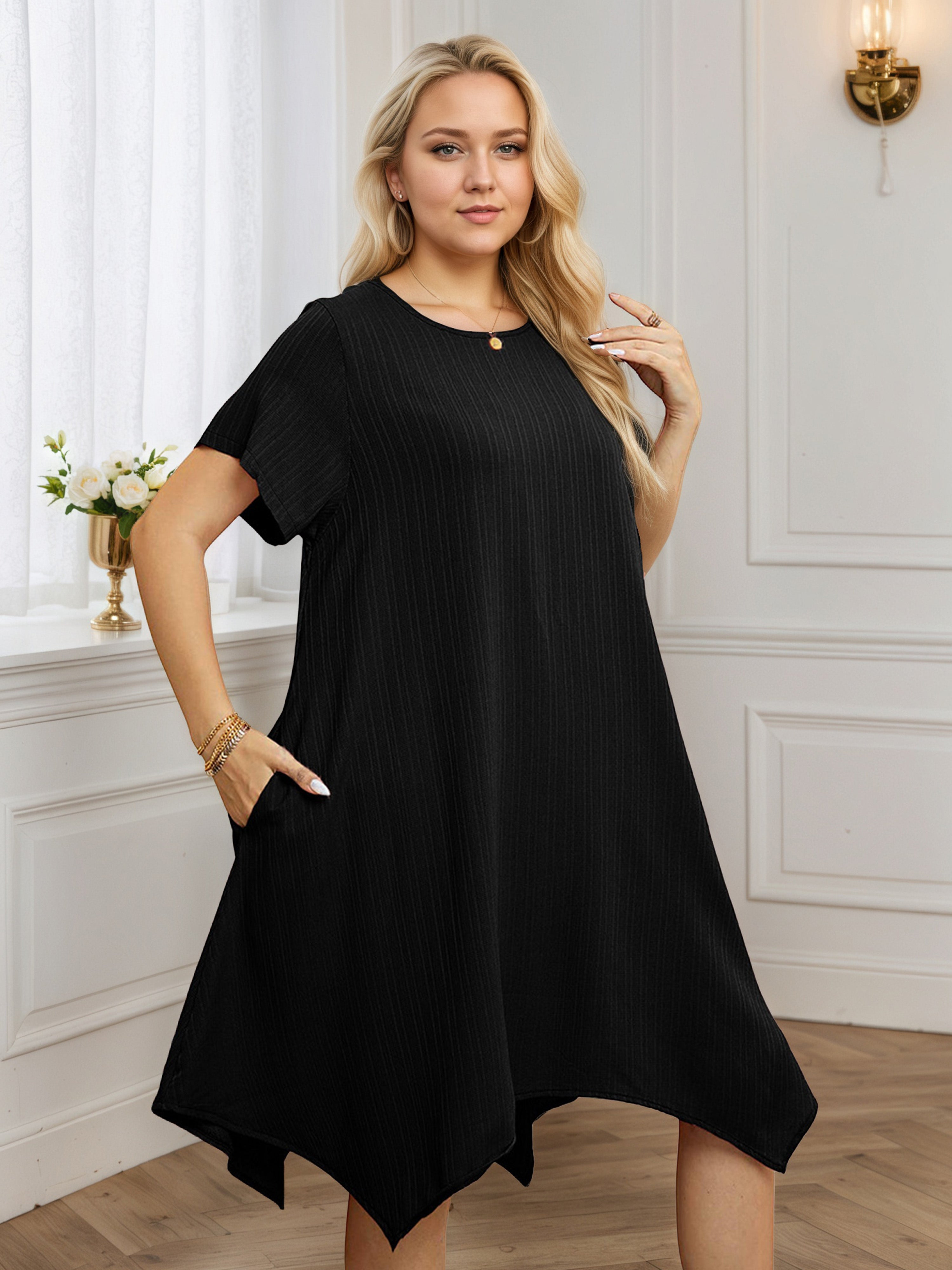 Black Asymmetrical Hem A-Line Plus Size Dress
