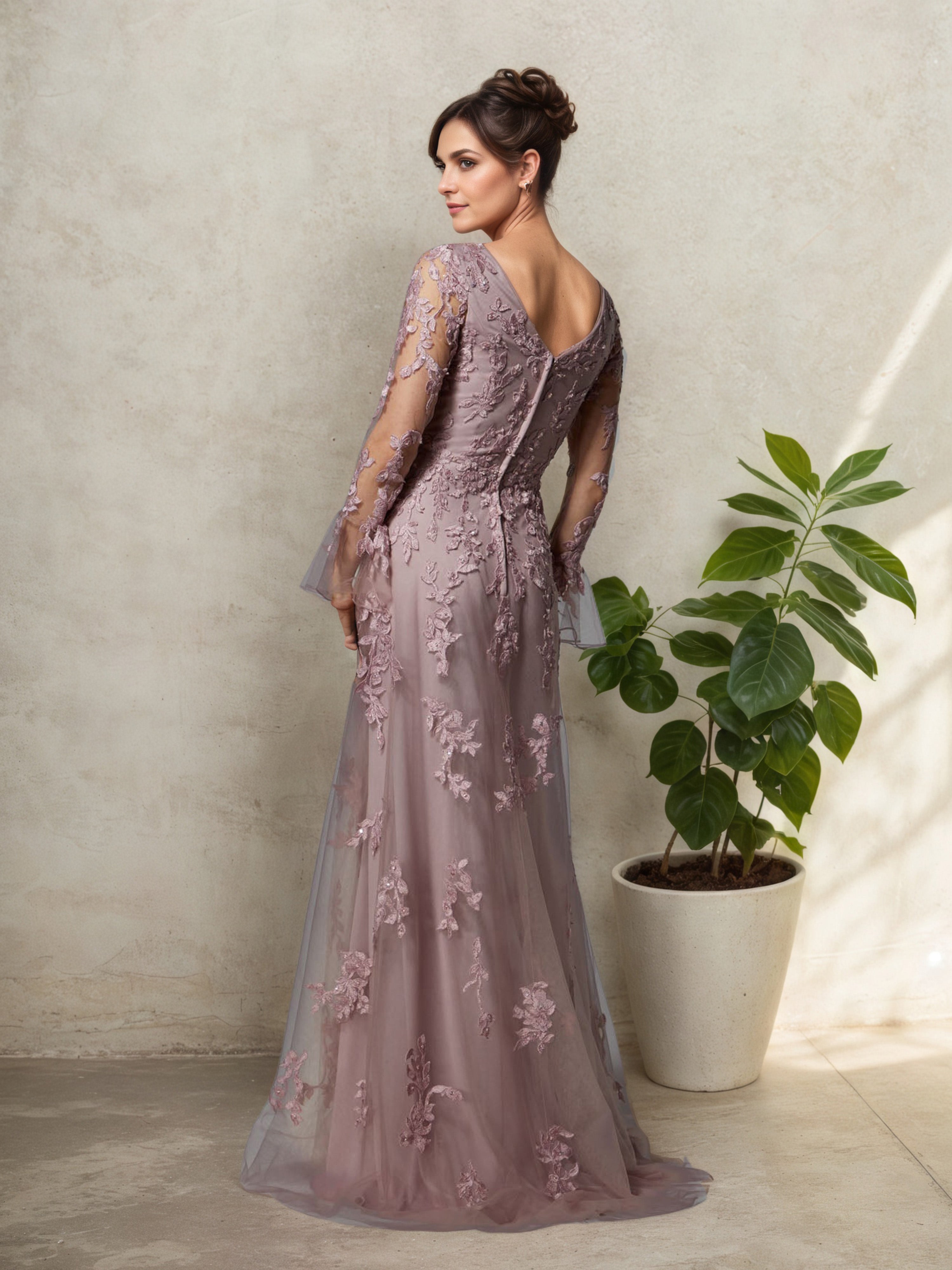 V-Neck Trumpet Sleeve Vintage Mauve Mother Of The Bride Dress