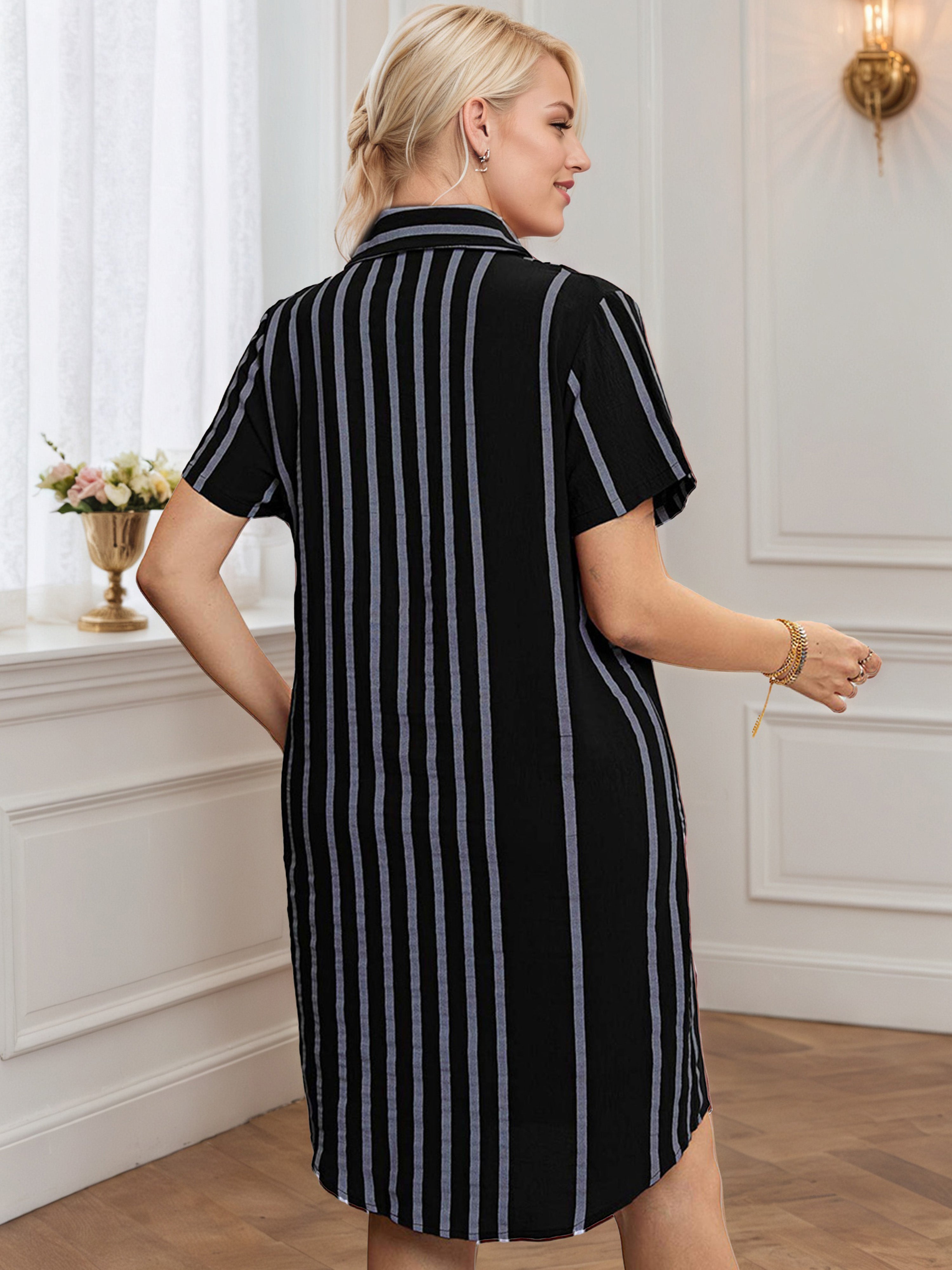 Black Striped Print Front Bottom A-Line Plus Size Dress