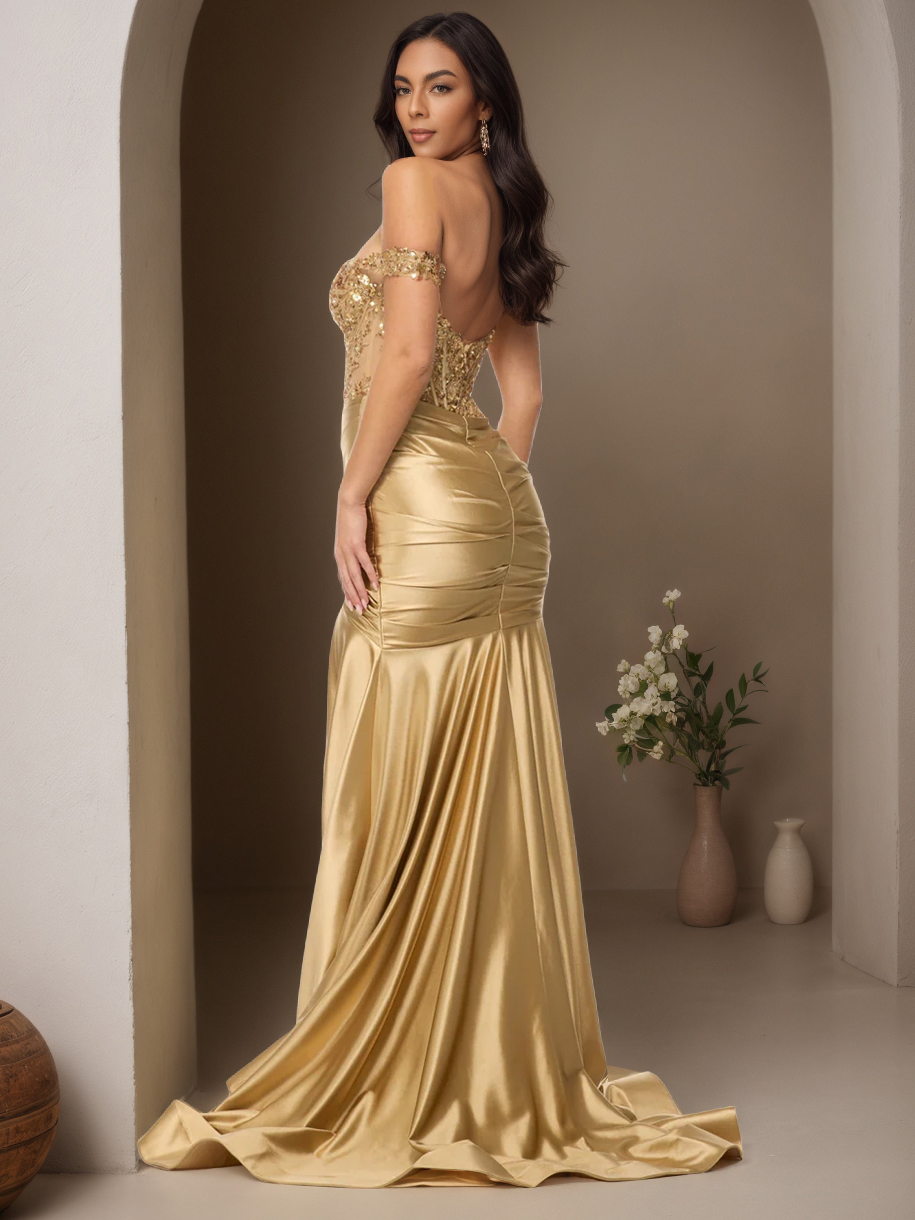 Trumpet/Mermaid Off The Shoulder Gold Sequins Sweep/Brush Train Prom Dress