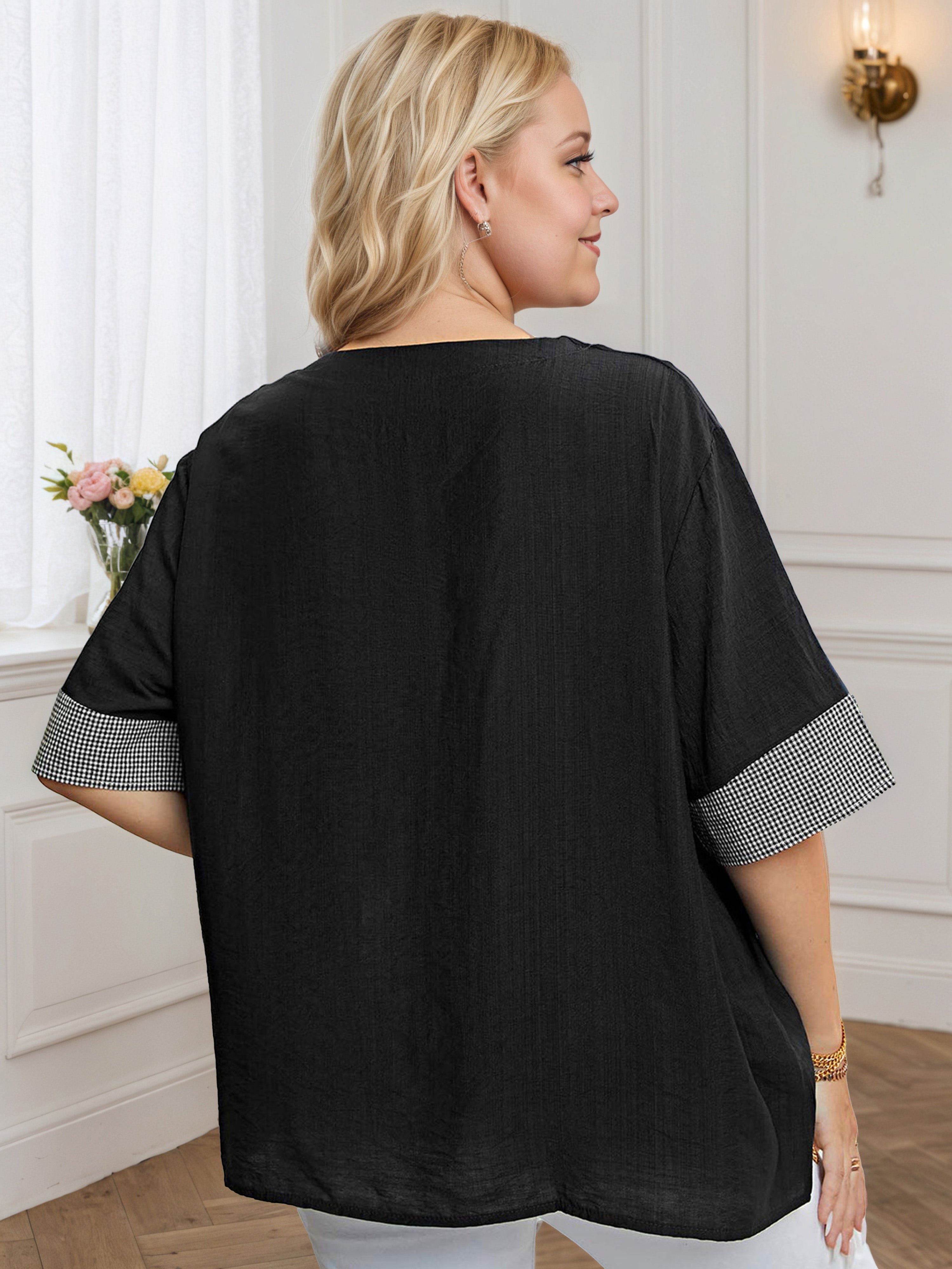 Black Plus Round Neck Printed Half Sleeves Tee