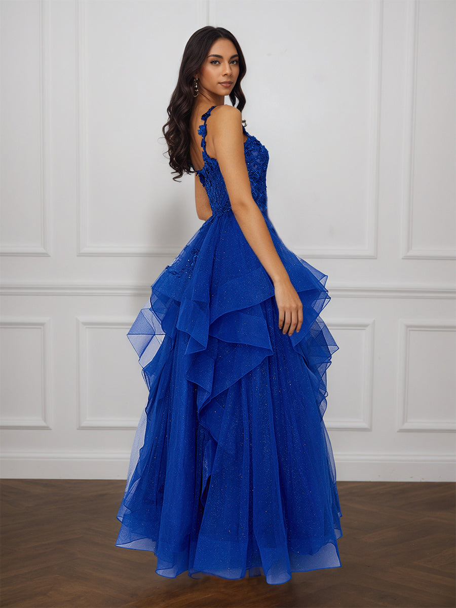 Cicinia Royal Blue Prom Dresses Tulle Lace Appliques Layers A-Line Floor Length Party Gown