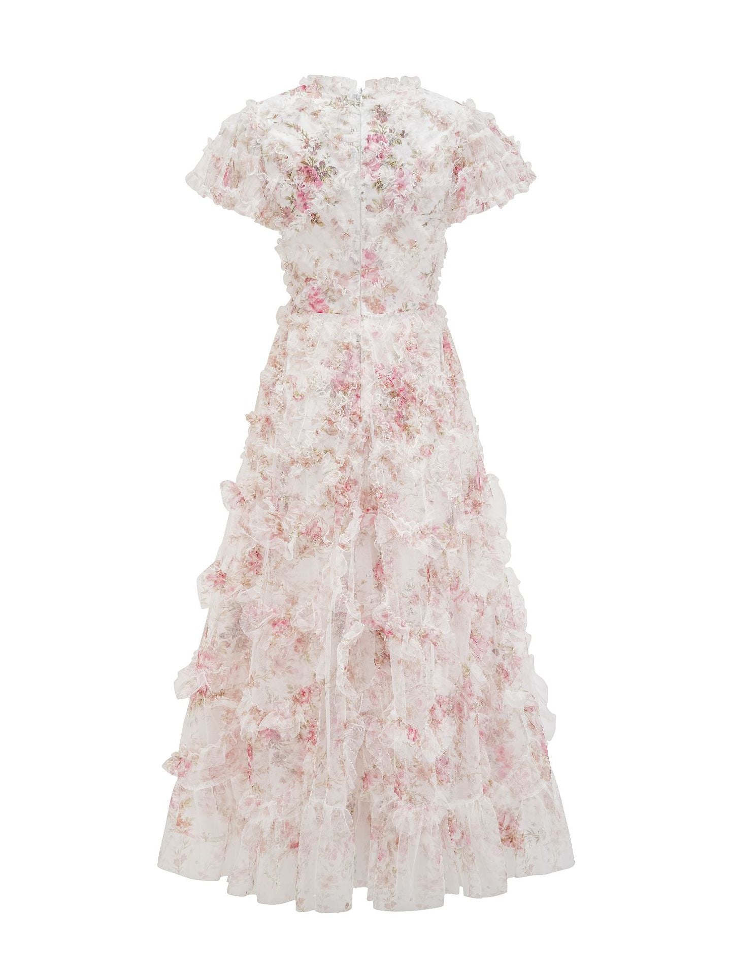 Ruffles A Line V Neck Short Sleeves Floral Prom Dress