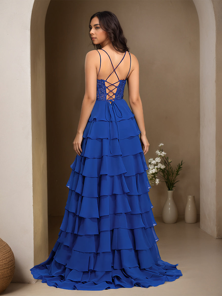 Cicinia Royal Blue 2 Pieces Prom Dresses Chiffon Appliques Lace A-Line Layers Sweep Train Prom
