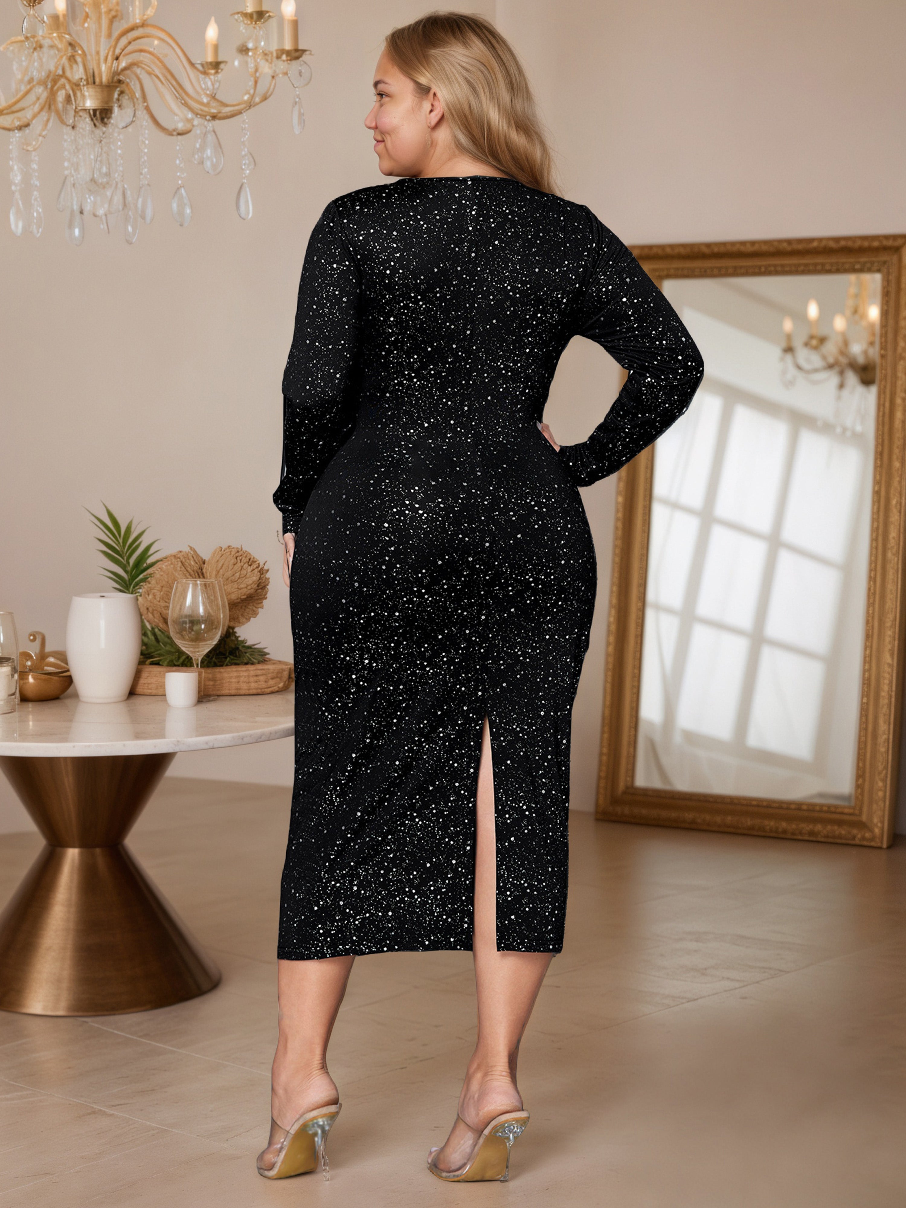 Black Sequins Prom Dress Bodycon Wrap Plus Size Dress