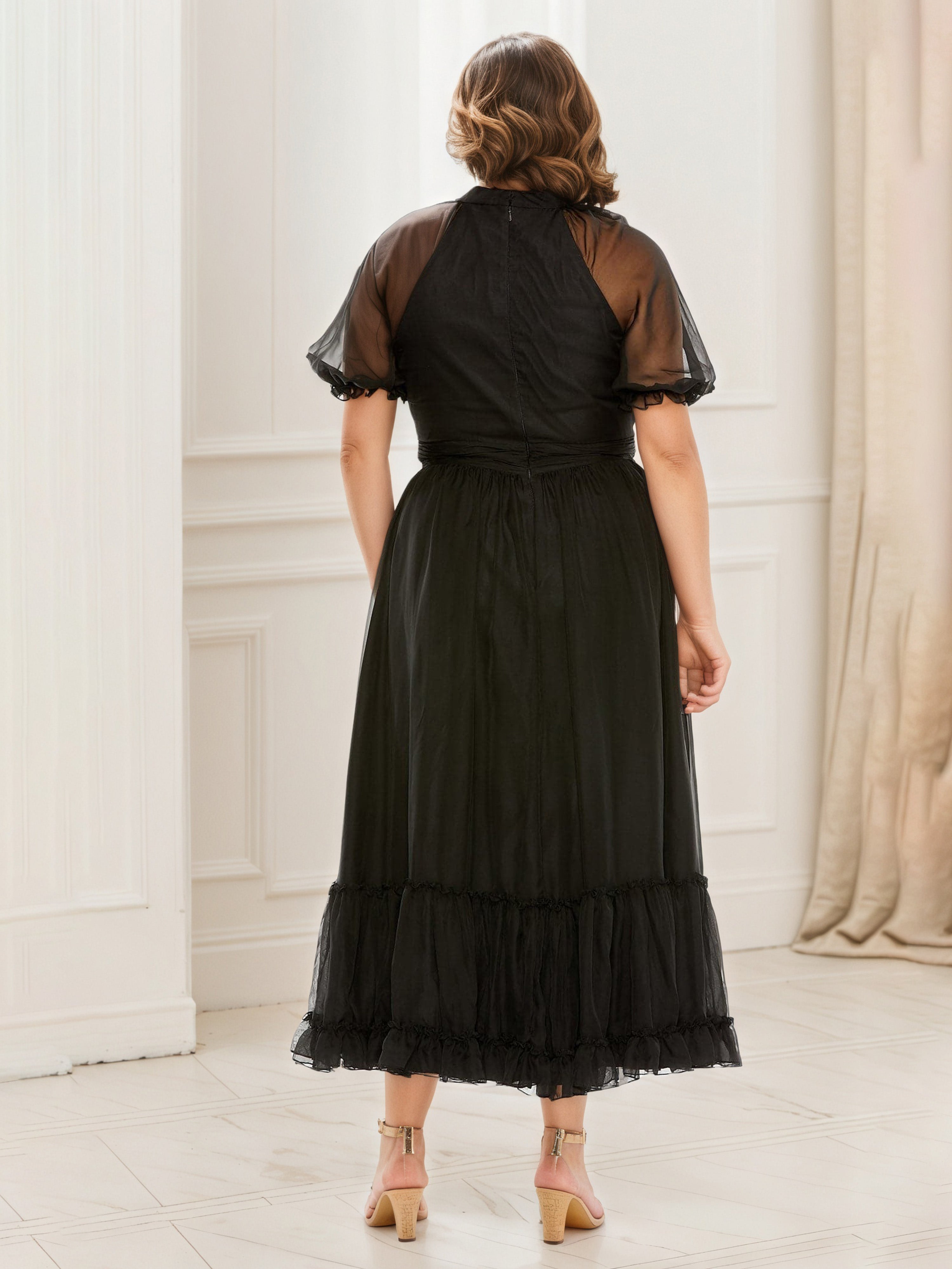 Black Prom Dress Short Sleeves Tulle A-Line Prom Dress