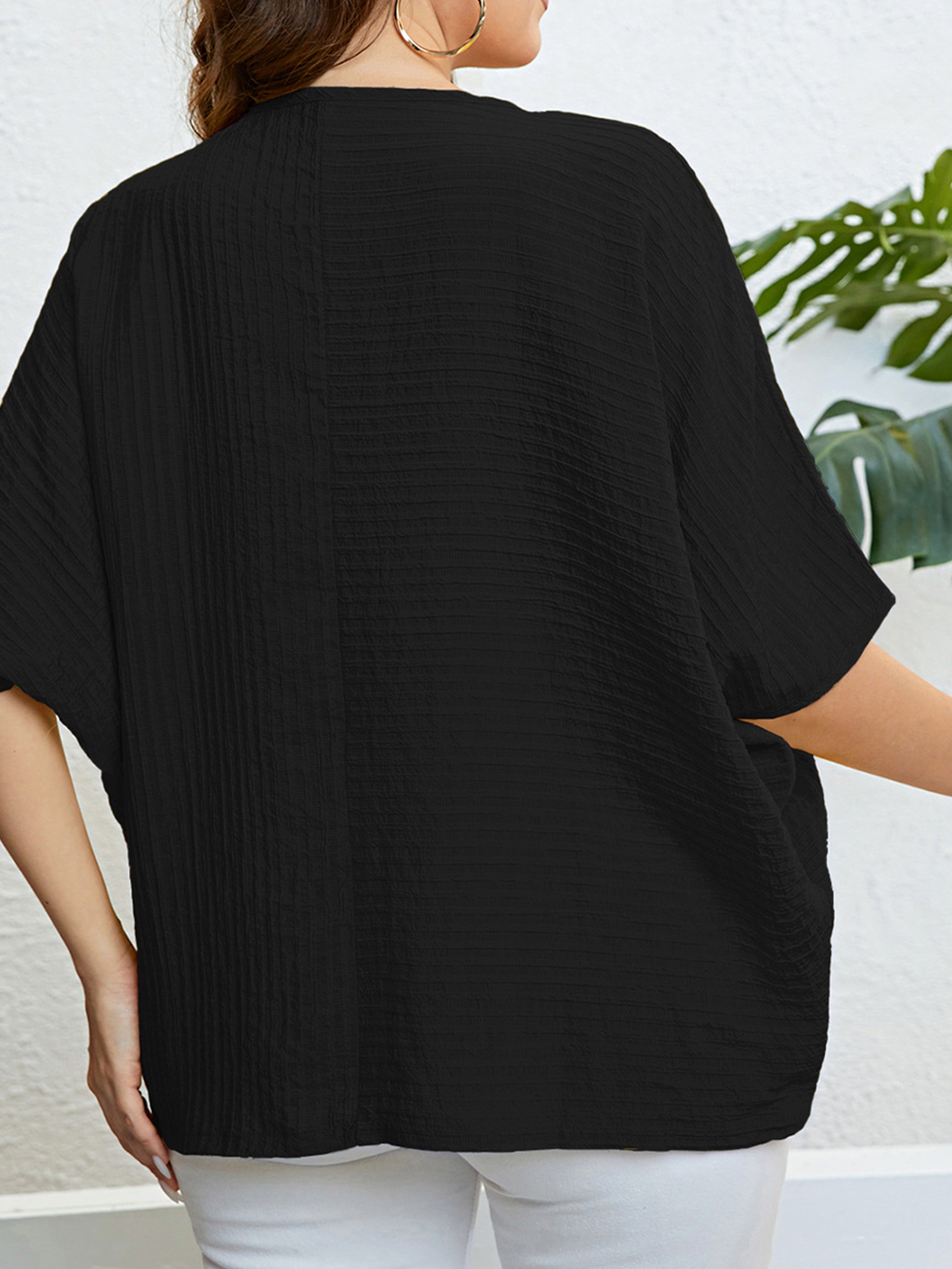 Plain Patchwork Black Batwing Sleeve Plus Blouse
