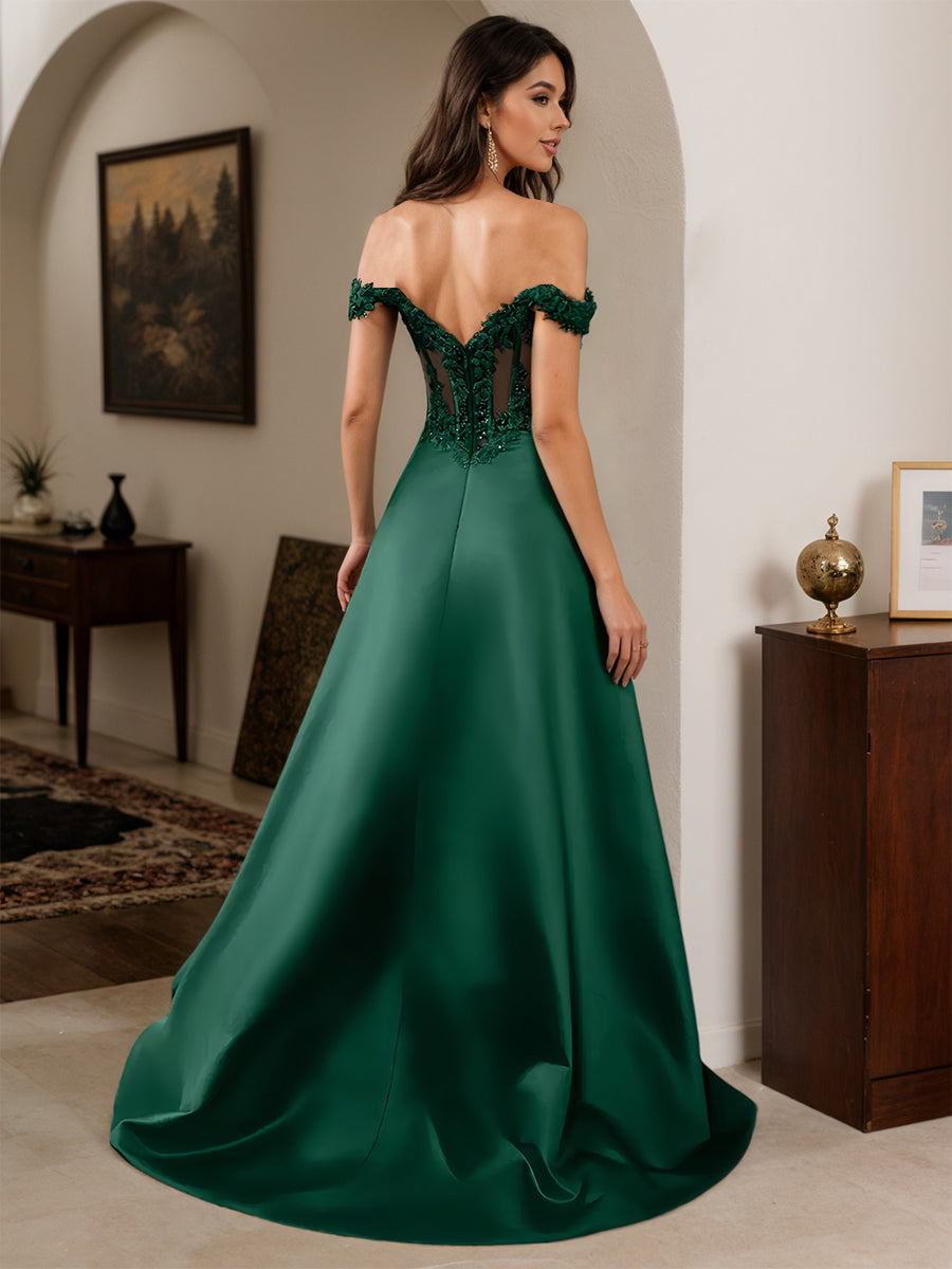 Cicinia Dark Green Prom Dresses Appliques Lace Off The Shoulder A-Line Evening Gown