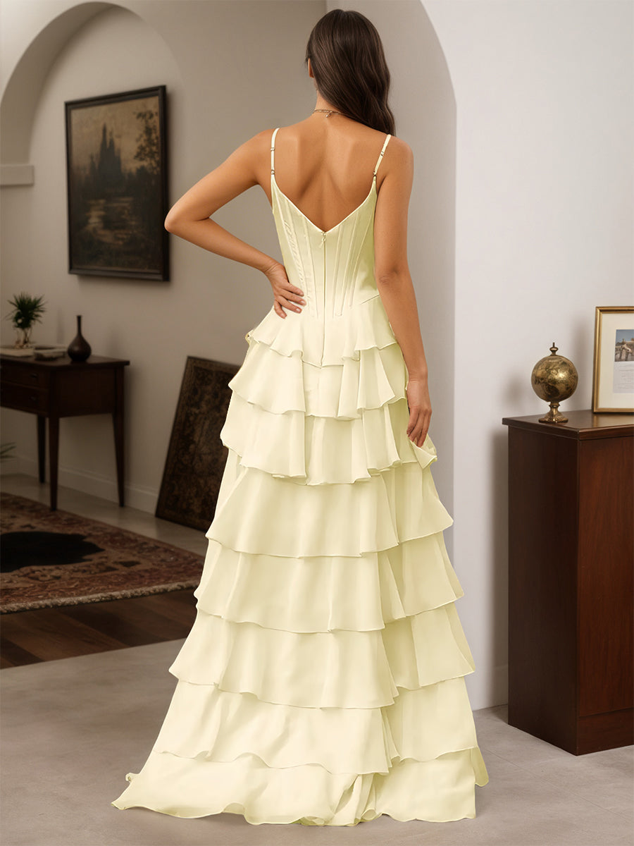 Cicinia Daffodil Prom Dresses Spaghetti Straps A-Line Layers Floor Length with Split