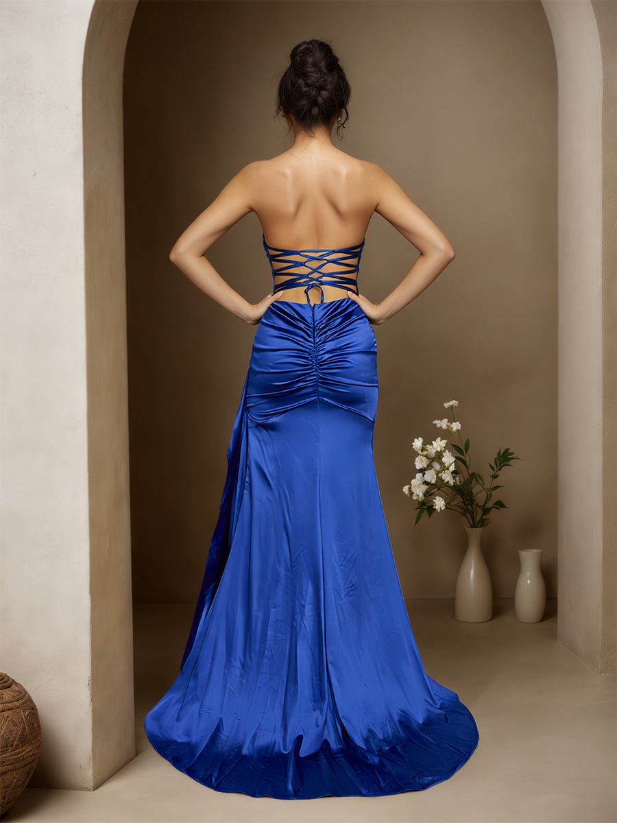 Cicinia Royal Blue Prom Dresses Soft Satin Sheath Strapless Sweep Train with Split Evening Gown