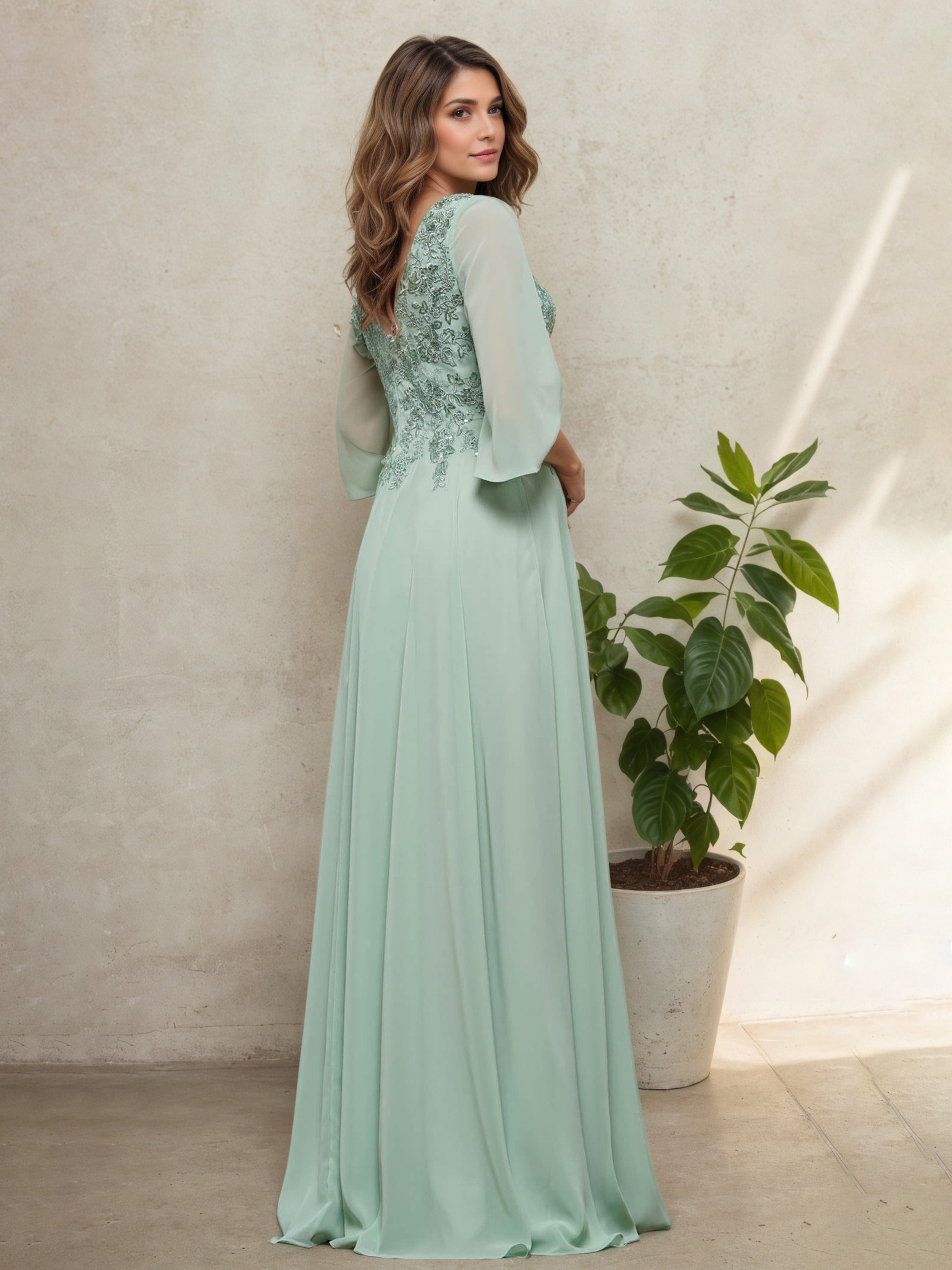 Appliques V-Neck 3/4 Sleeves Mint Green Mother Of The Bride Dress