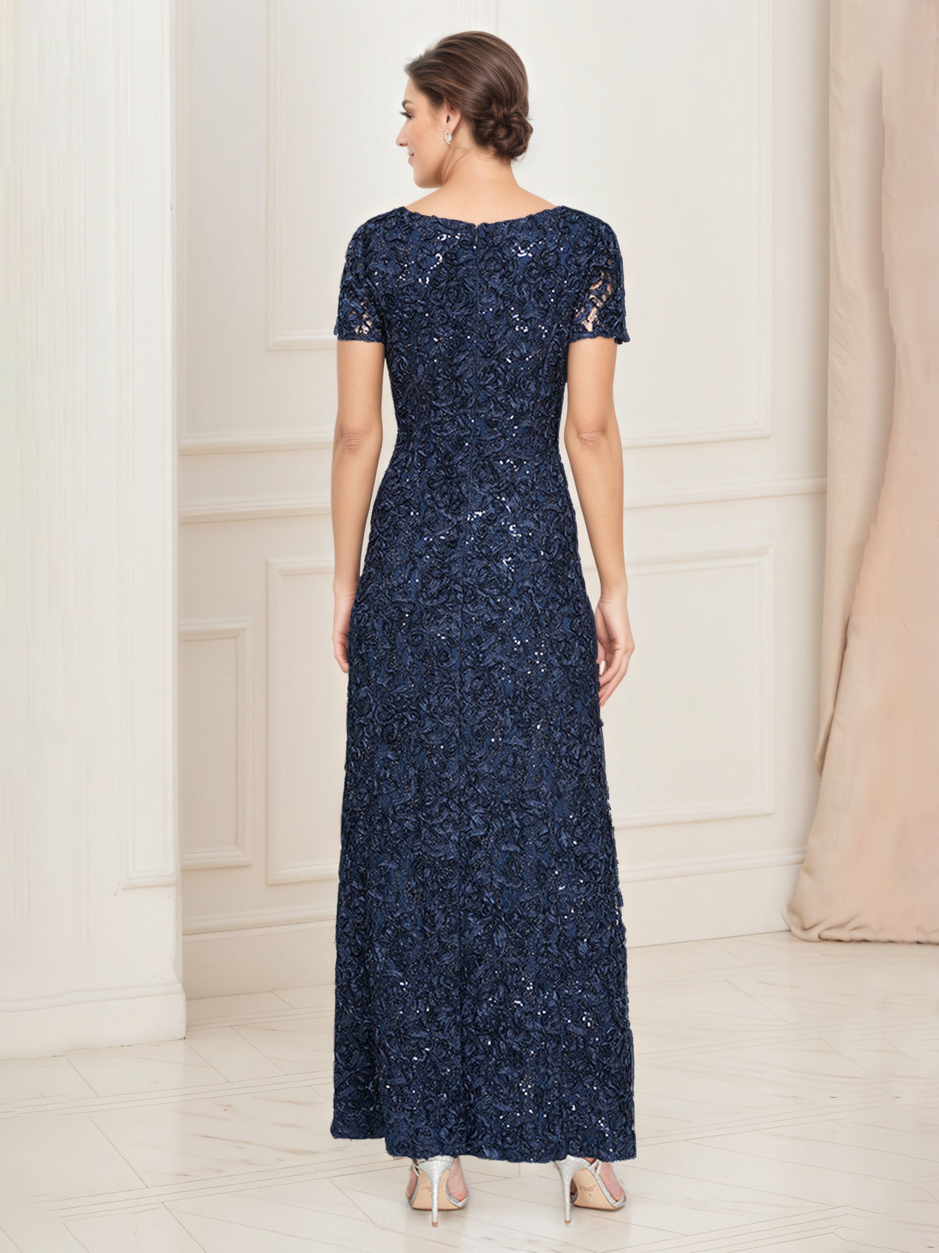 Dark Navy Soutache Sequin Lace A-Line Dress Sleeves Illusion Neckline Mother Of The Bride