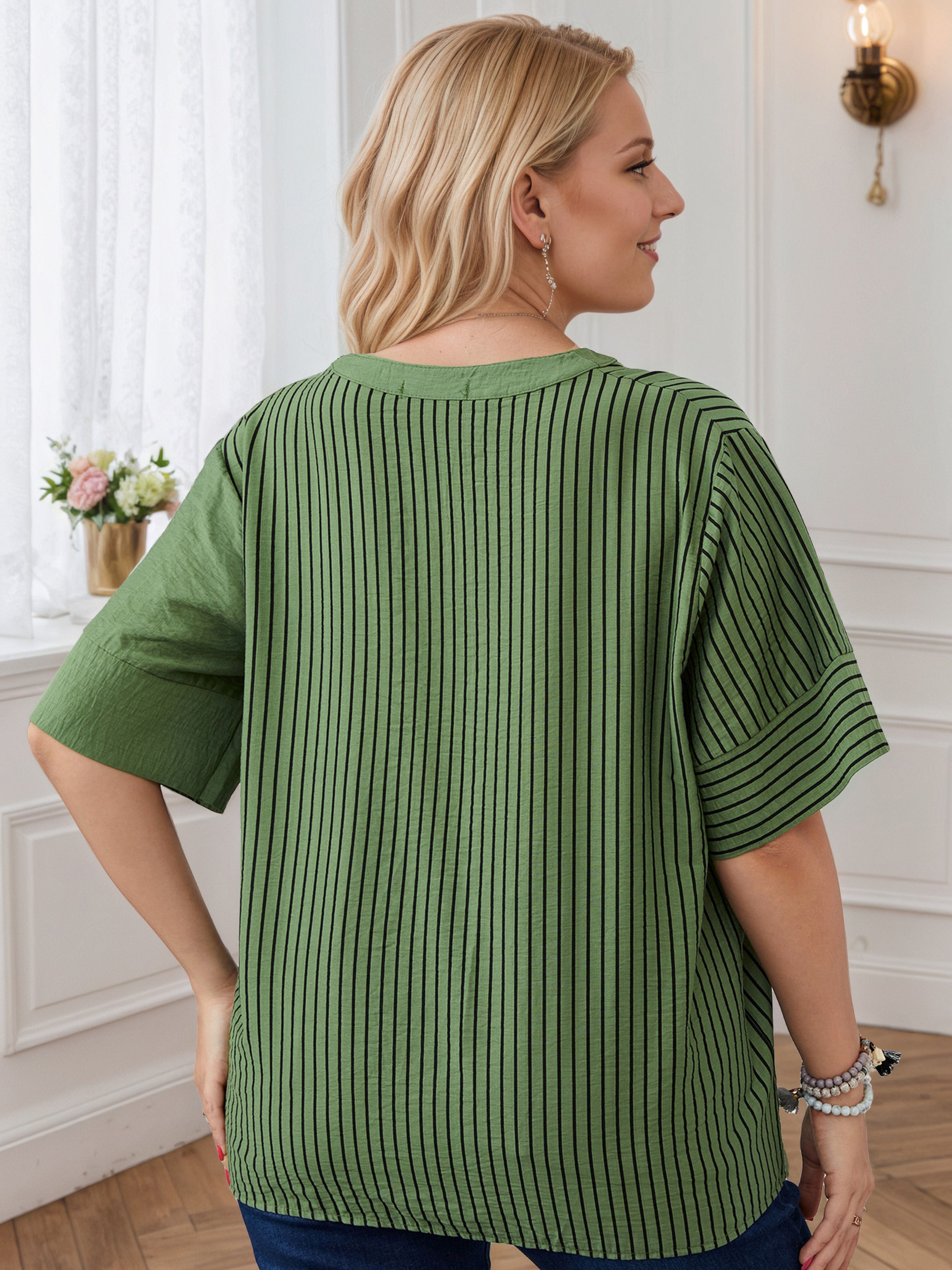 Striped Print Front Bottom Olive Green Blouse