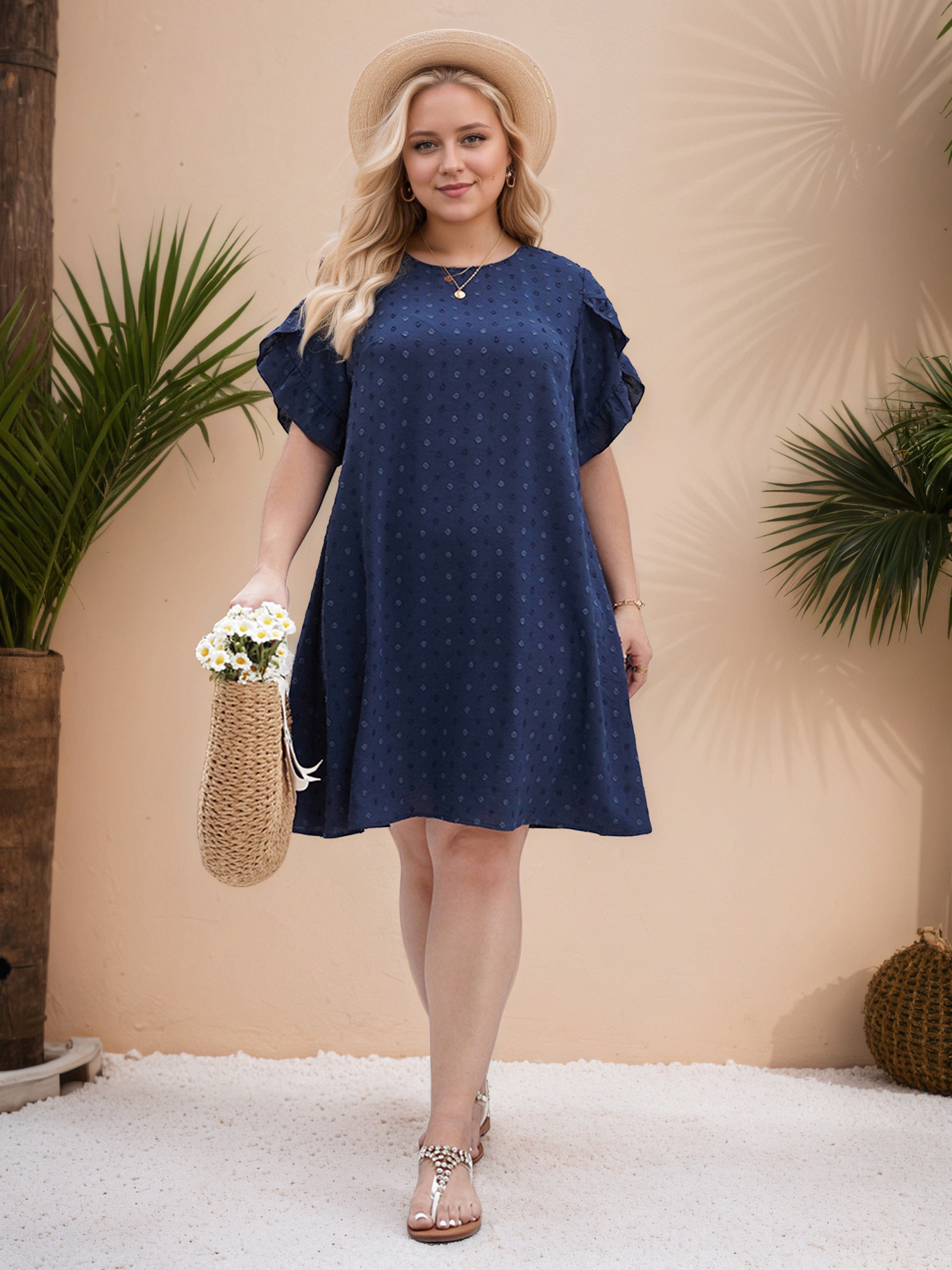Round Neck Polka Dot Ruffle Sleeves Plus Size Dress