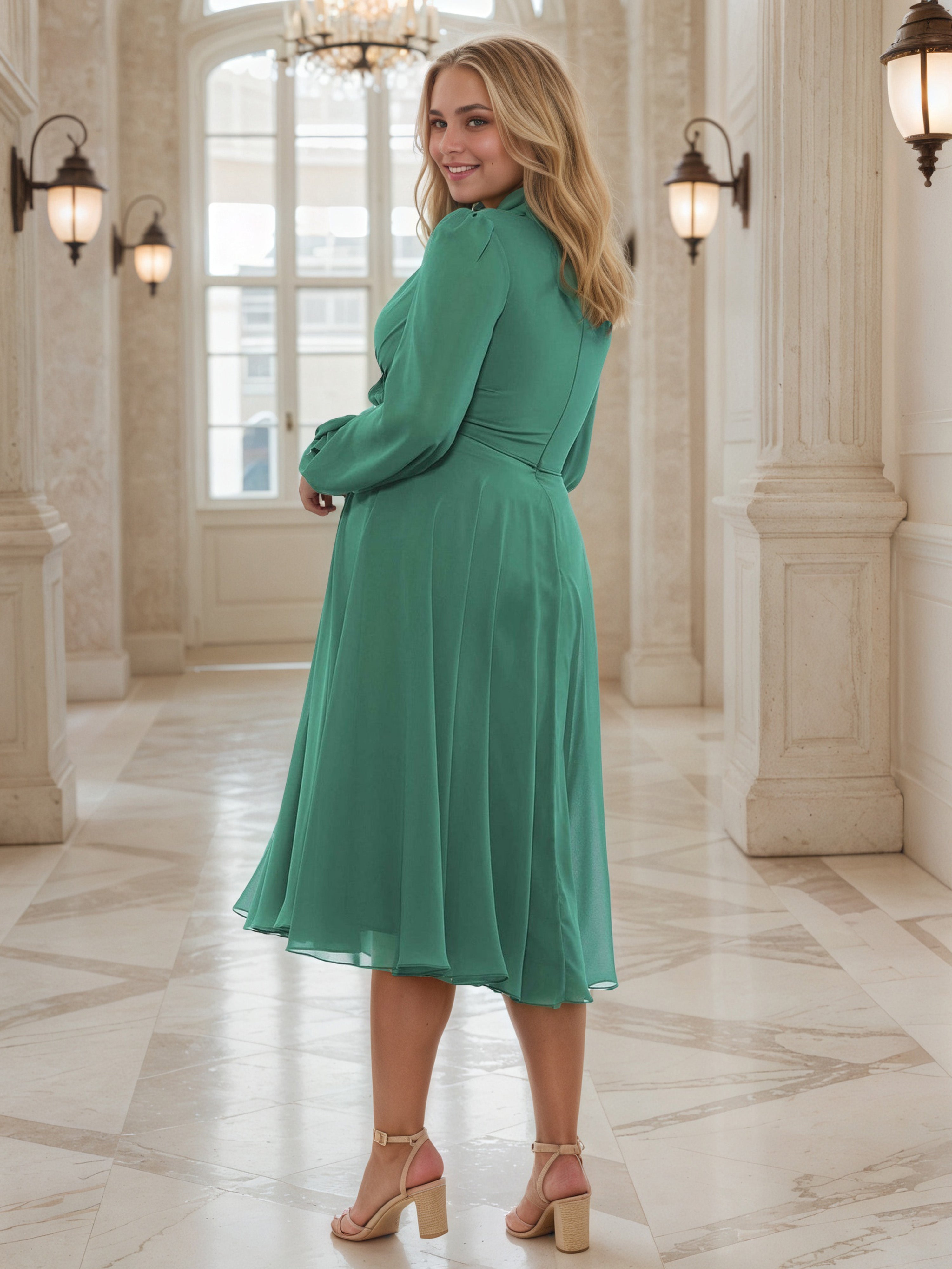 V-Neck Green Prom Dress A-Line Tea Length Pleats Long Sleeves Plus Size Dress