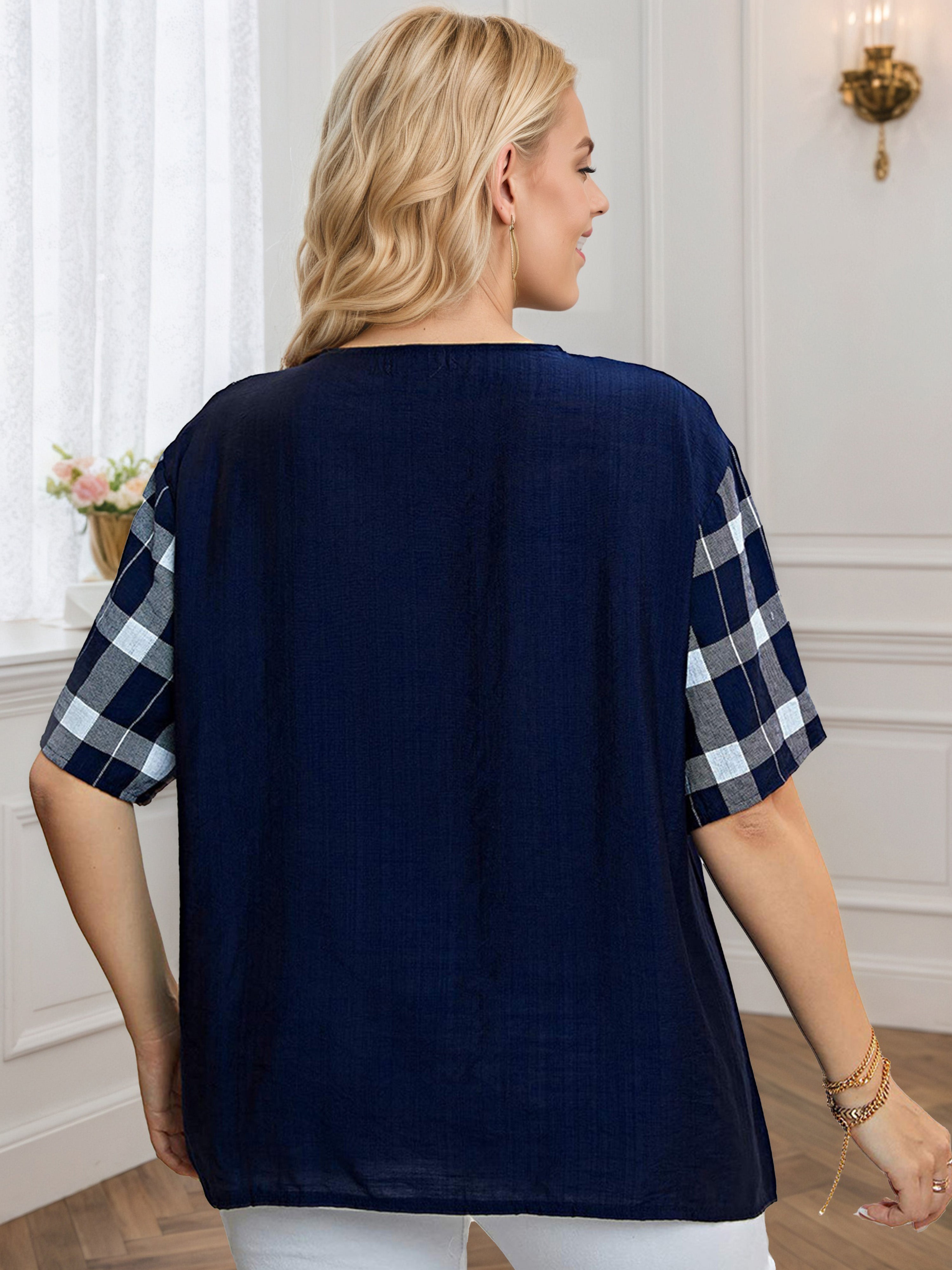 Plus Plaid Patchwork Button Navy Blouse