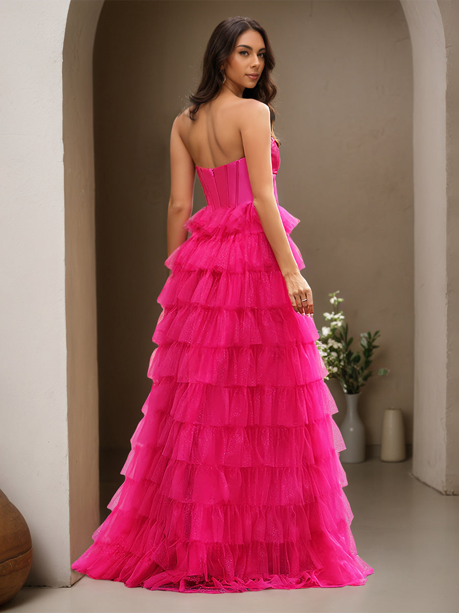 Cicinia Fuchsia Prom Dresses Tulle Sweetheart Layers A-Line Floor Length Gowns
