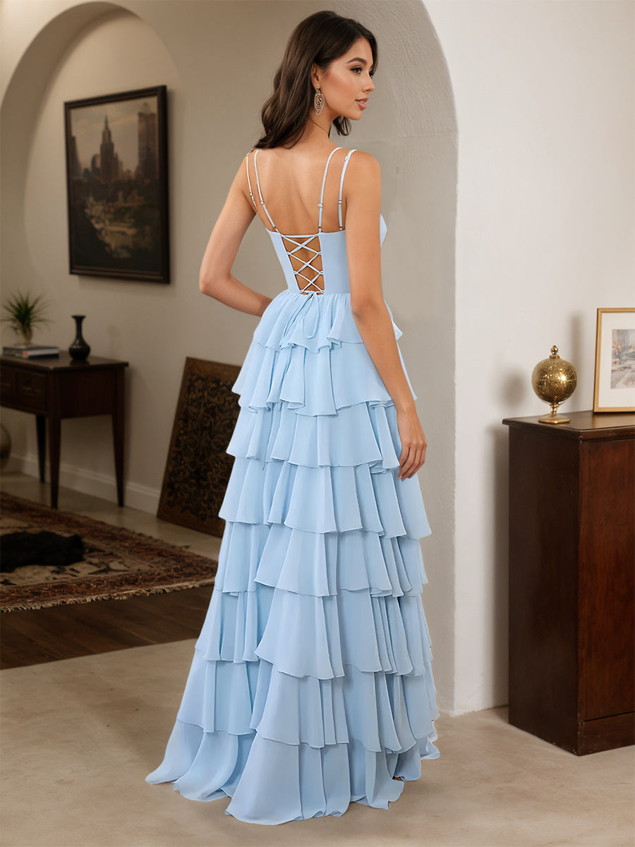 Cicinia Sky Blue Prom Dresses Chiffon A-Line Spaghetti Straps Layers Floor Length with Sleeveless