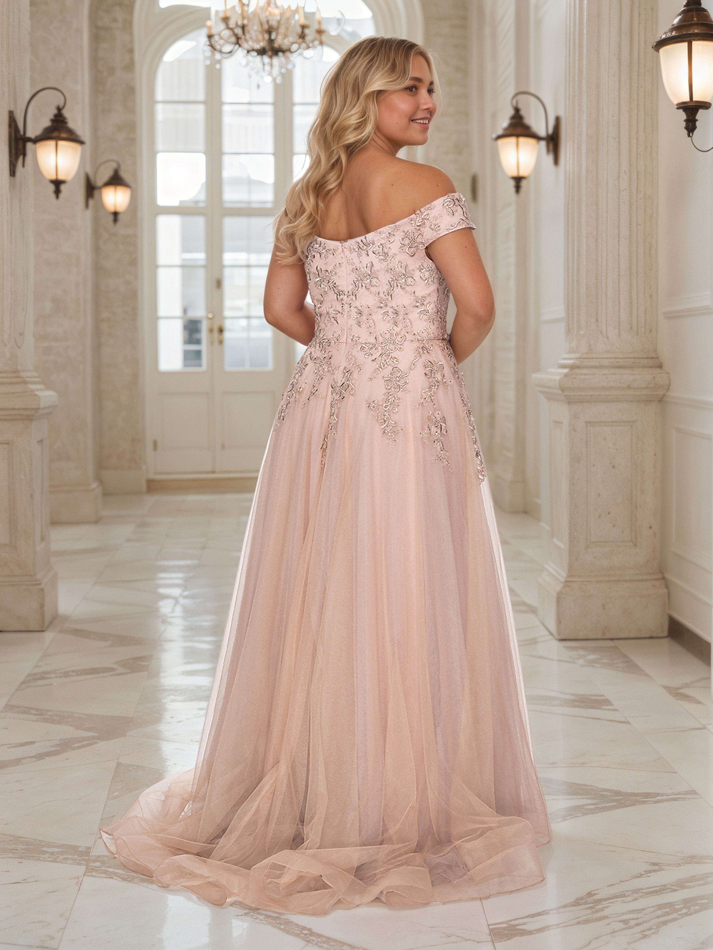 A-Line Off The Shoulder Lace Appliques Plus Size Dress with High Split
